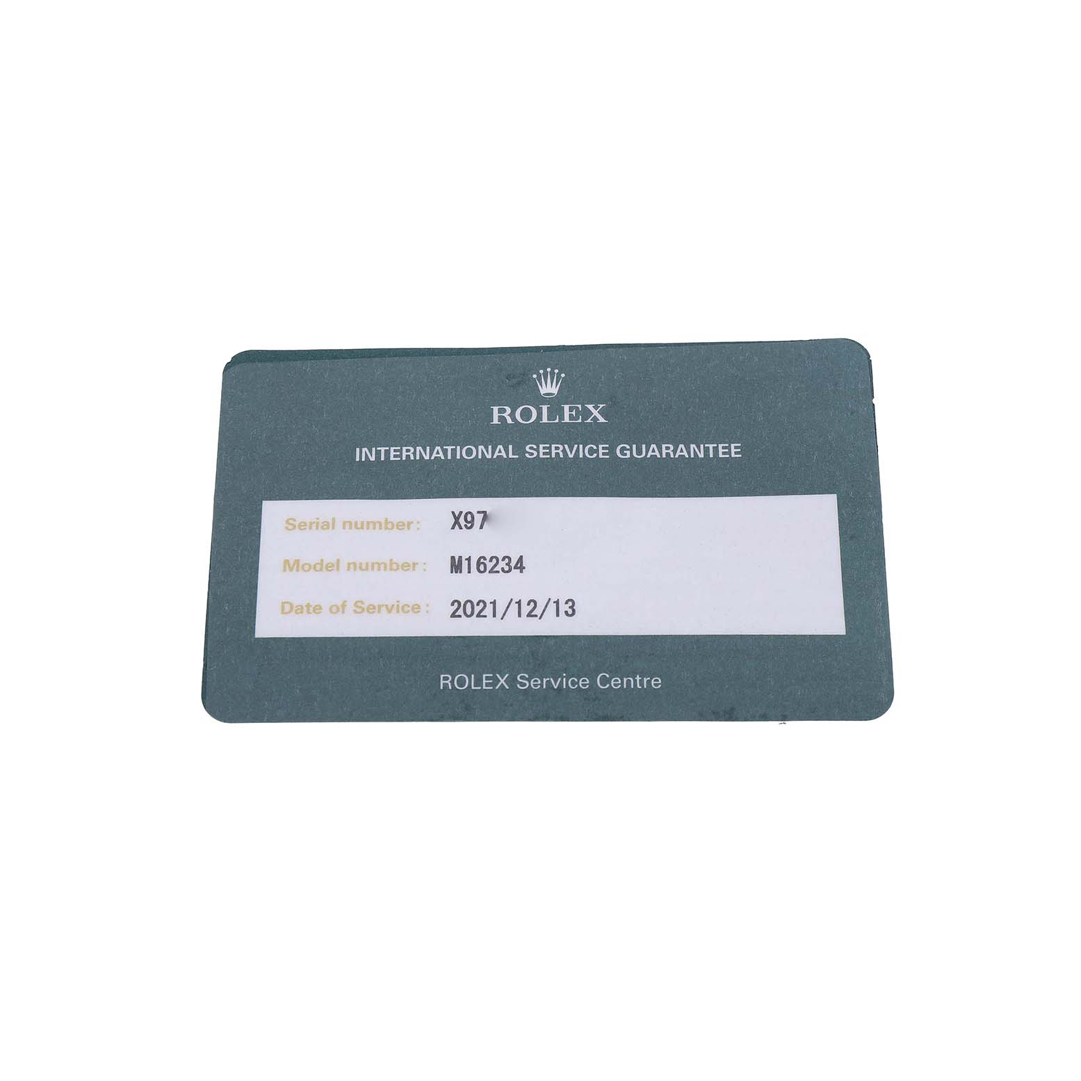 The image shows a service guarantee card for a Rolex Datejust 16234 Men's Stainless Steel Silver Dial, not the watch itself.