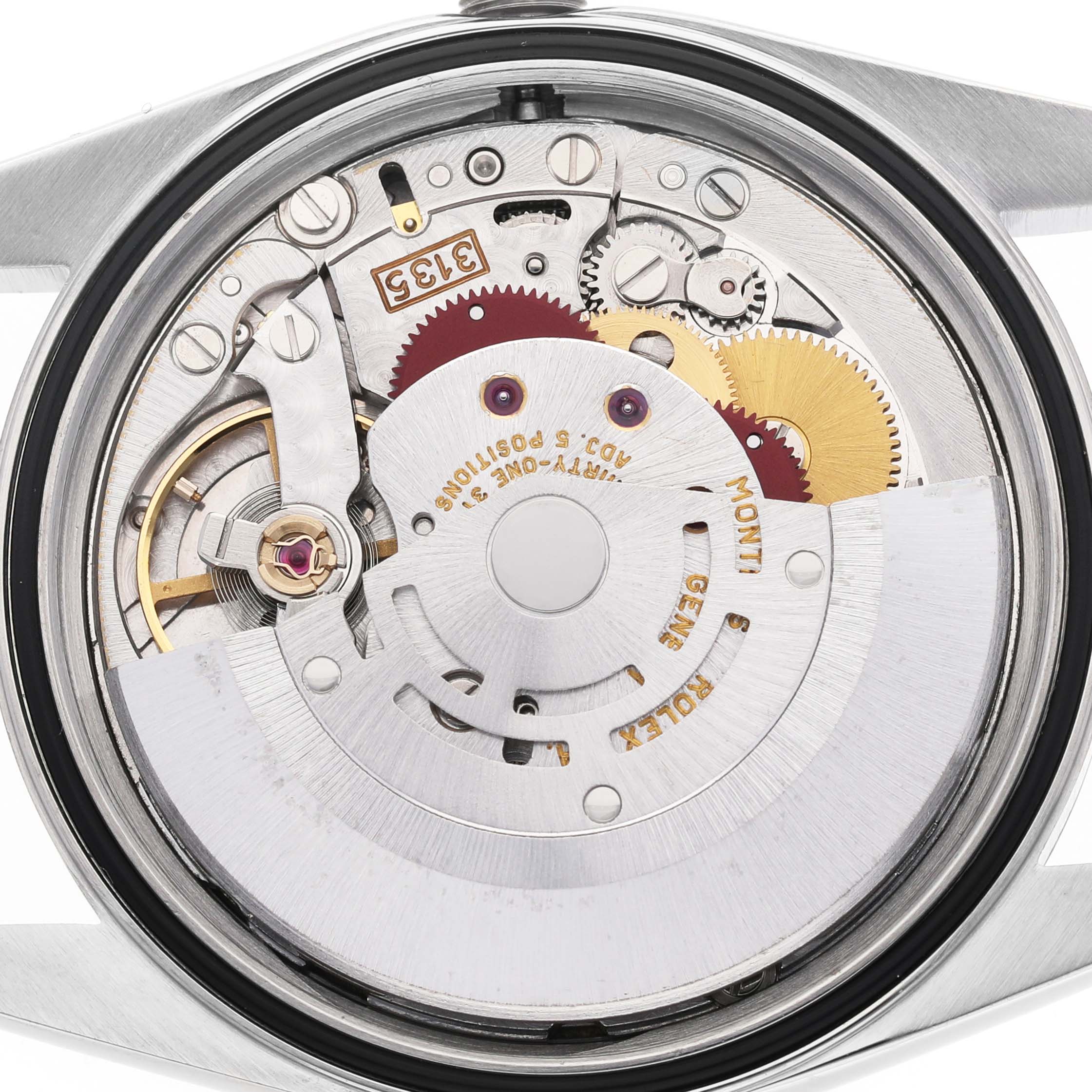 The image shows the movement of a Rolex Datejust 16234 Men's Stainless Steel Silver Dial watch from the back, highlighting gears and mechanisms.
