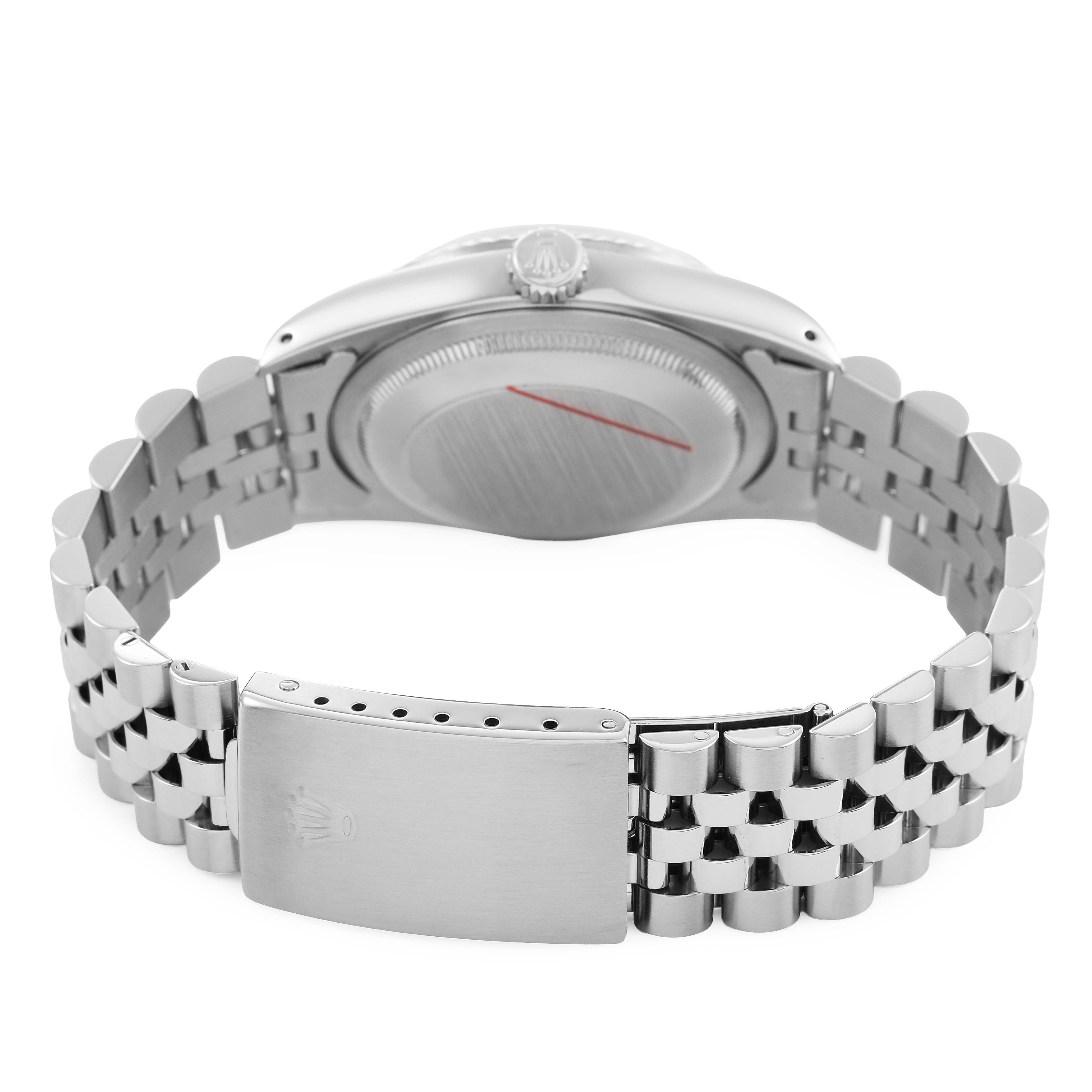The image shows the back of a Rolex Datejust 16234 Men's Stainless Steel Silver Dial watch, highlighting the case back and Jubilee bracelet with the clasp.