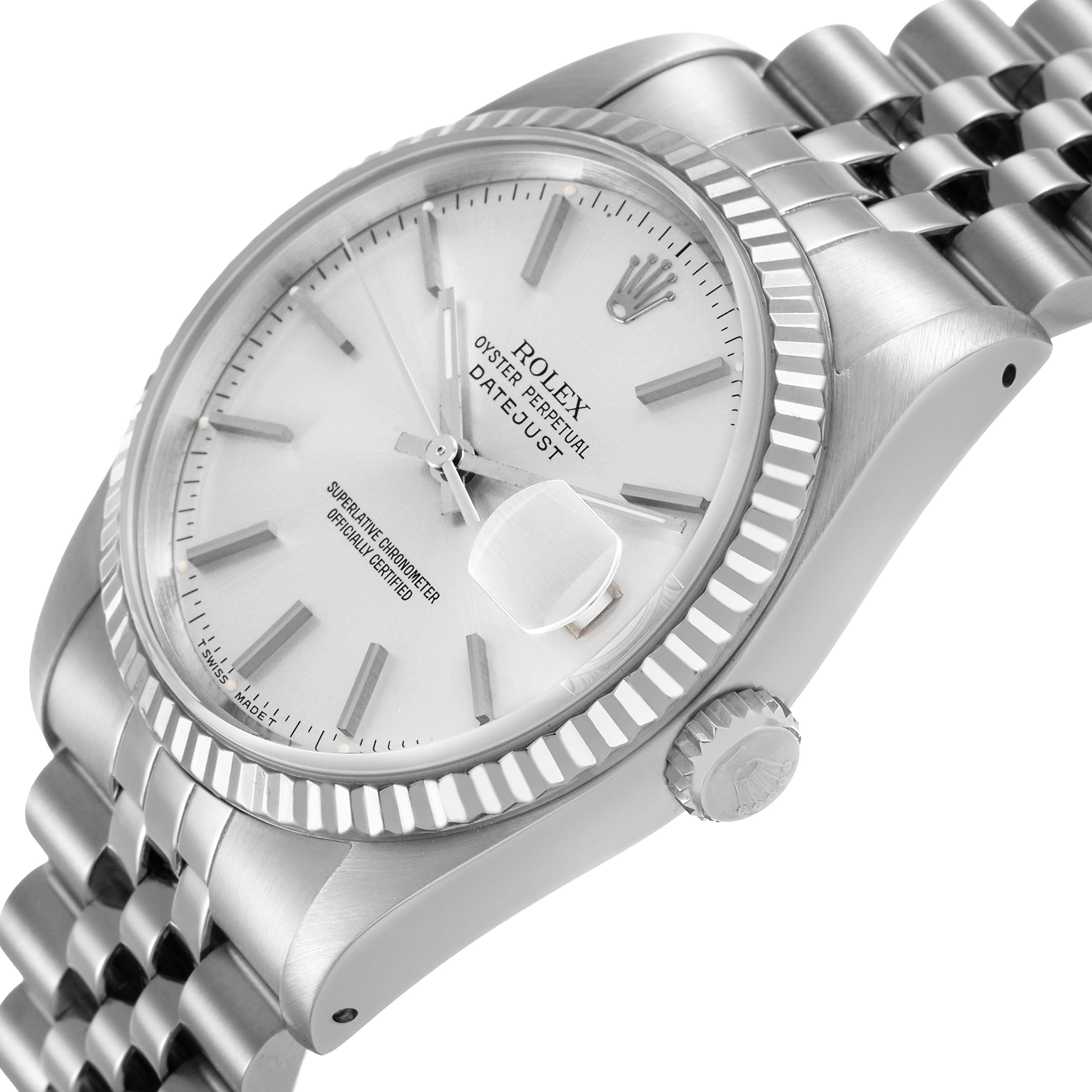 The Rolex Datejust 16234 Men's Stainless Steel Silver Dial is shown at a side angle, highlighting the dial, bezel, crown, and bracelet.