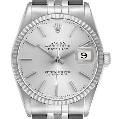 The Rolex Datejust 16234 Men's Stainless Steel Silver Dial watch is shown from the front, displaying its dial, bezel, crown, and part of the bracelet.