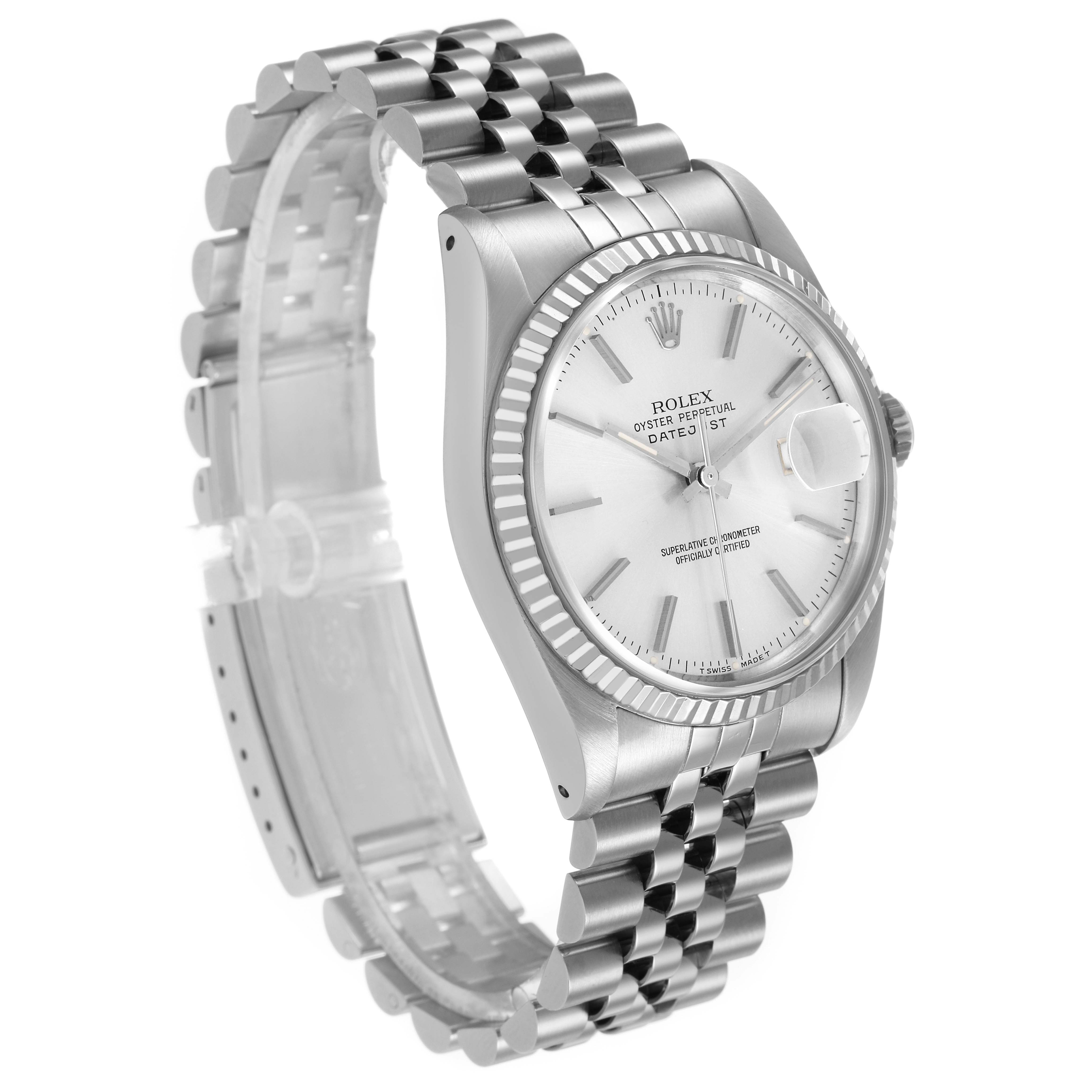 The Rolex Datejust 16234 Men's Stainless Steel Silver Dial watch is shown at a three-quarter angle, highlighting the dial, bezel, case, and Jubilee bracelet.