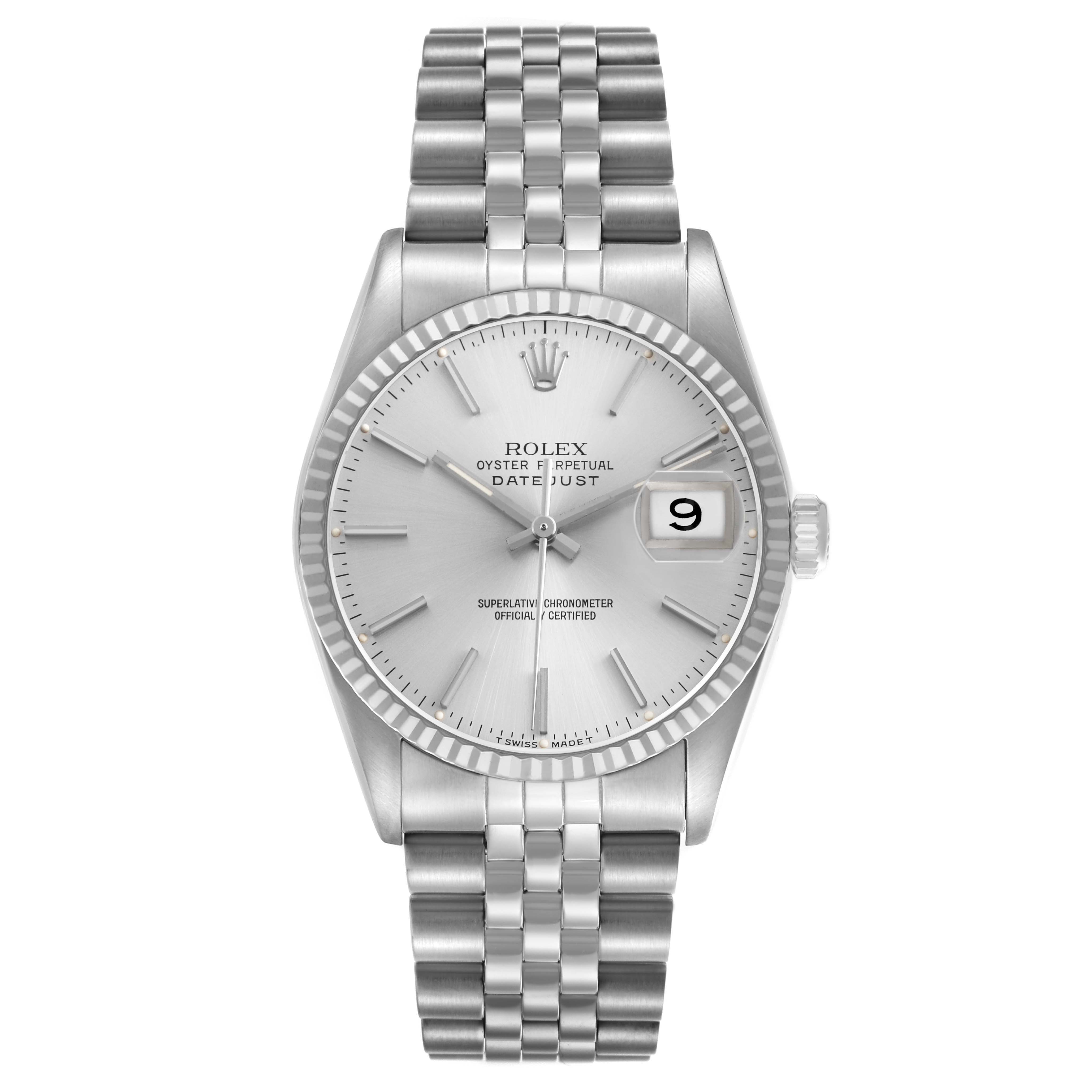The Rolex Datejust 16234 Men's Stainless Steel Silver Dial watch is shown from the front, featuring the dial, fluted bezel, and jubilee bracelet.