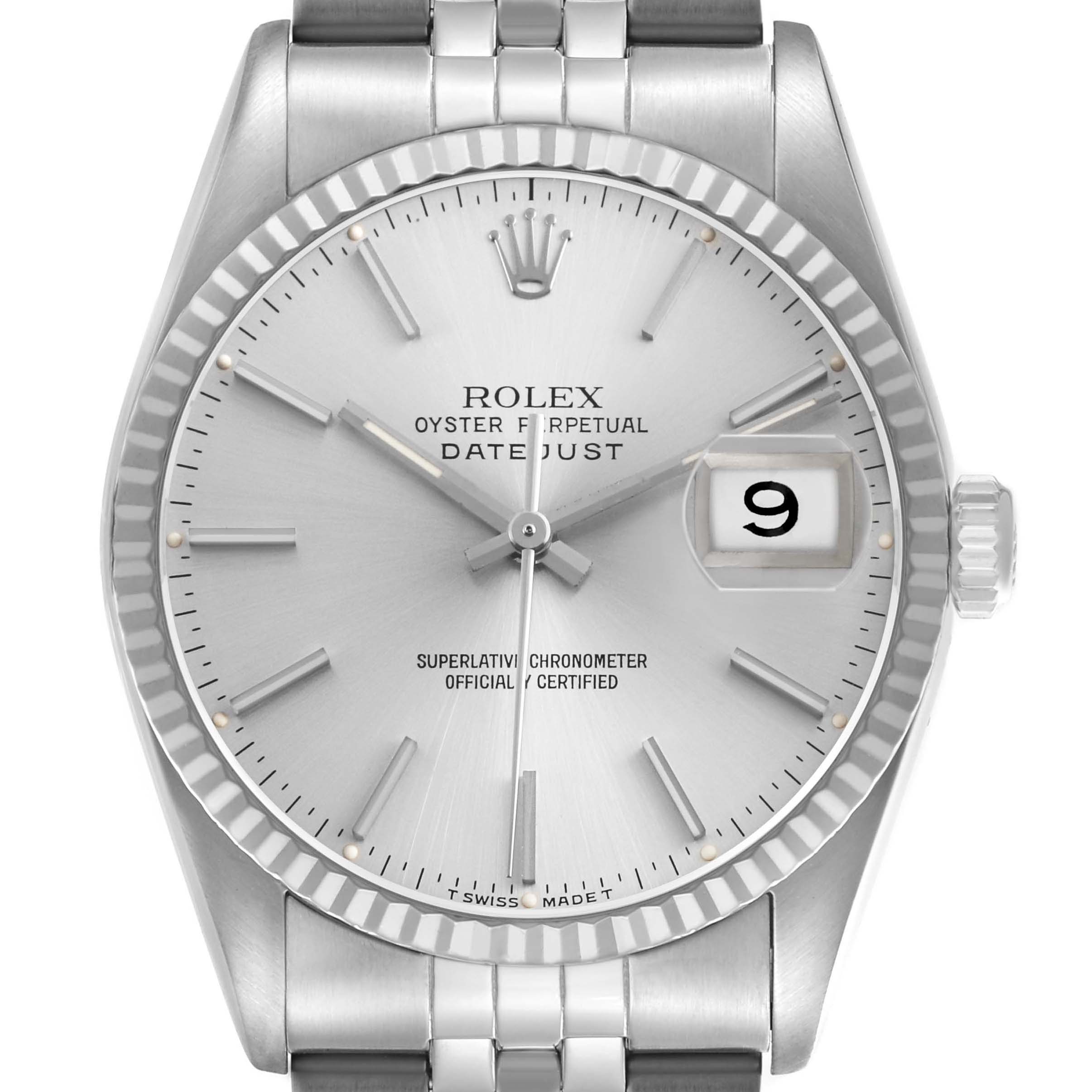 The Rolex Datejust 16234 Men's Stainless Steel Silver Dial watch is shown from a front angle, highlighting the dial, fluted bezel, crown, and part of the bracelet.