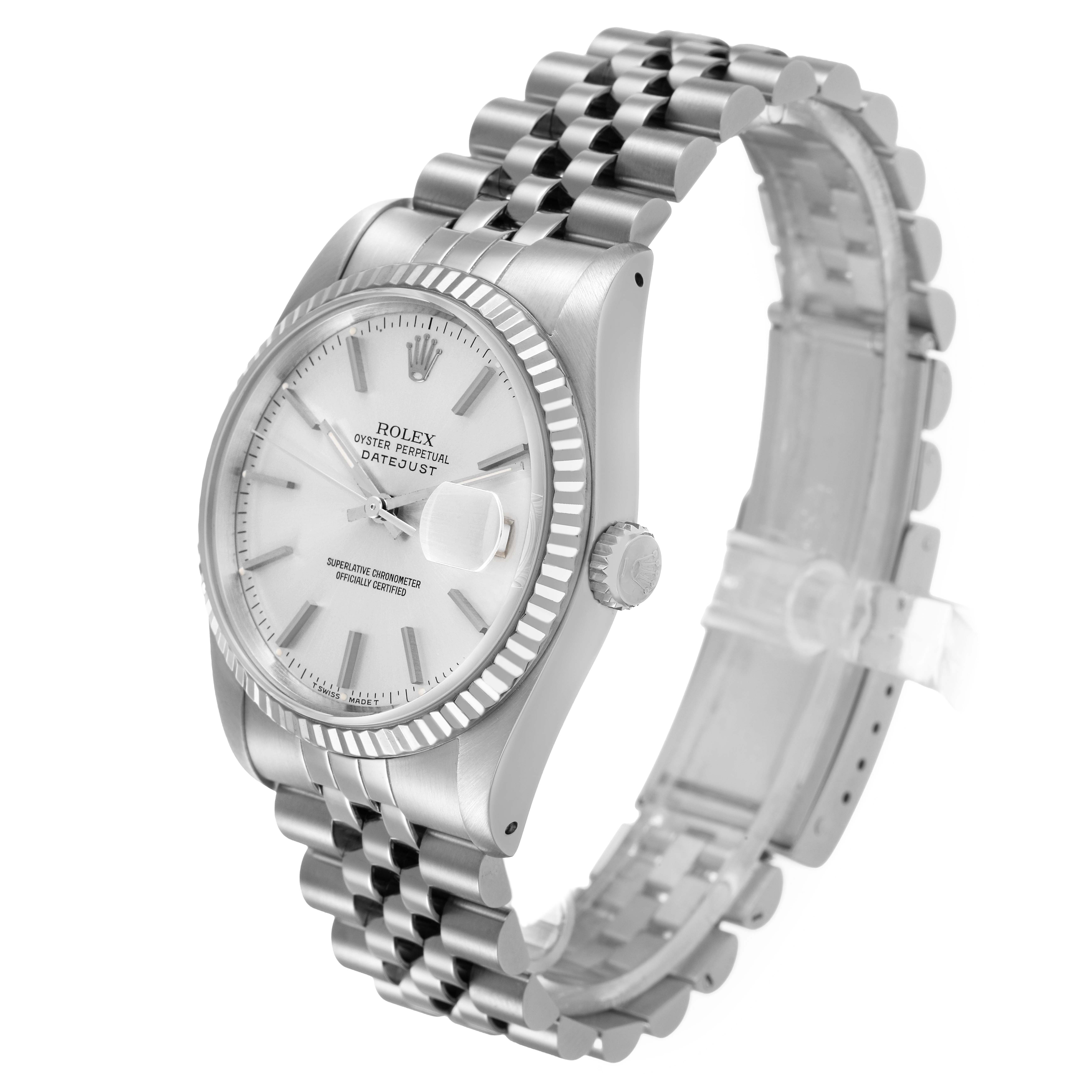 The Rolex Datejust 16234 Men's Stainless Steel Silver Dial watch is shown at a three-quarter angle, highlighting its face, fluted bezel, crown, and Jubilee bracelet.