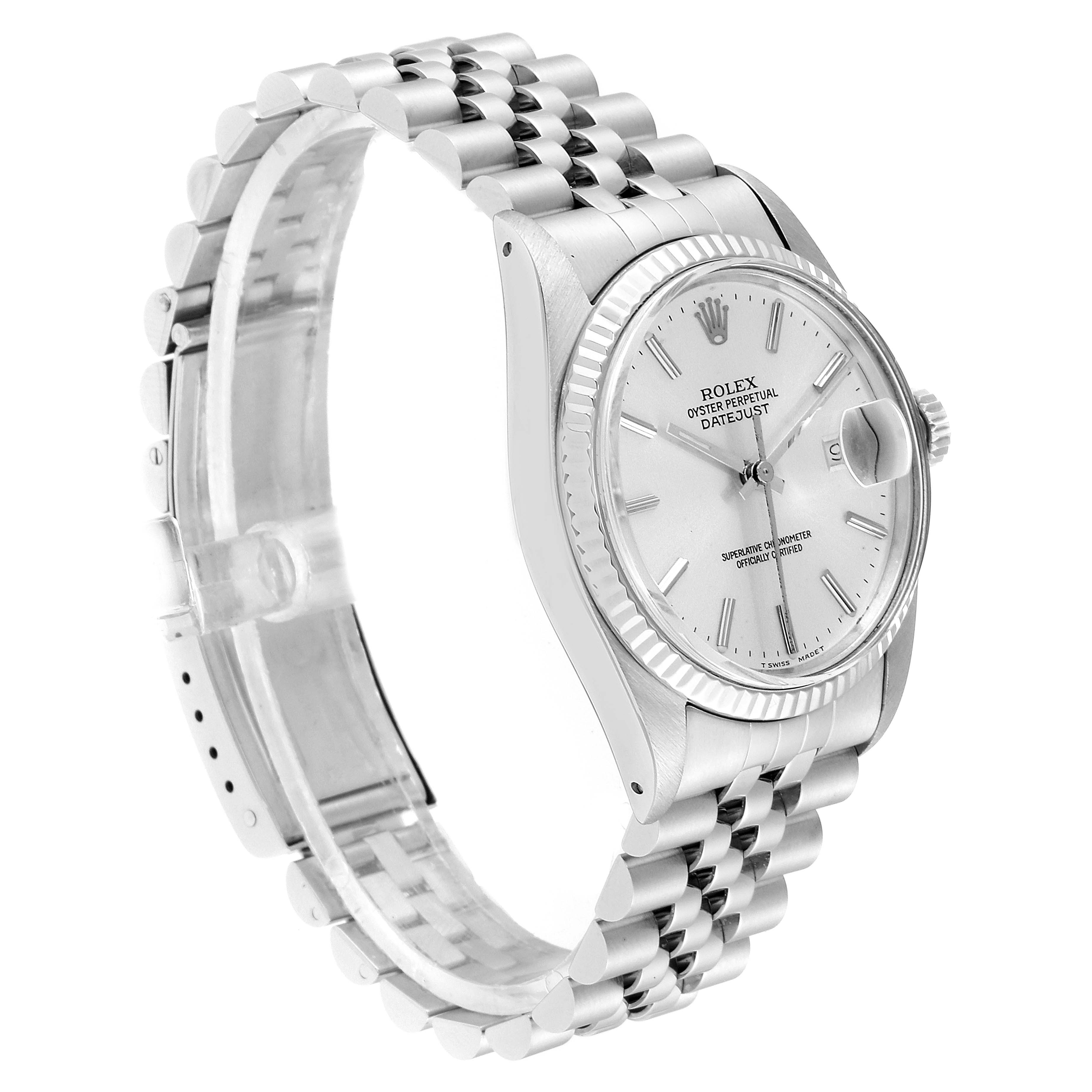 The Rolex Vintage Collection 16014 Men
s Stainless Steel Silver Dial 16014 Men
s Stainless Steel Silver Dial watch is shown from a left-side angle, displaying the face, bezel, and part of the bracelet.