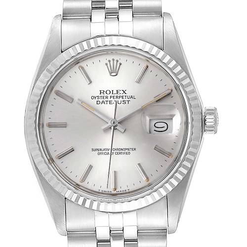 This image shows a front view of the Rolex Vintage Collection Datejust watch, including its dial, bezel, crown, and bracelet.