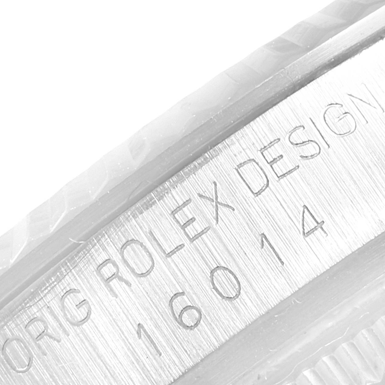 The image shows a close-up of the side engraving on a Rolex Vintage Collection 16014 Men
s Stainless Steel Silver Dial 16014 Men
s Stainless Steel Silver Dial watch, featuring the model number "16014."