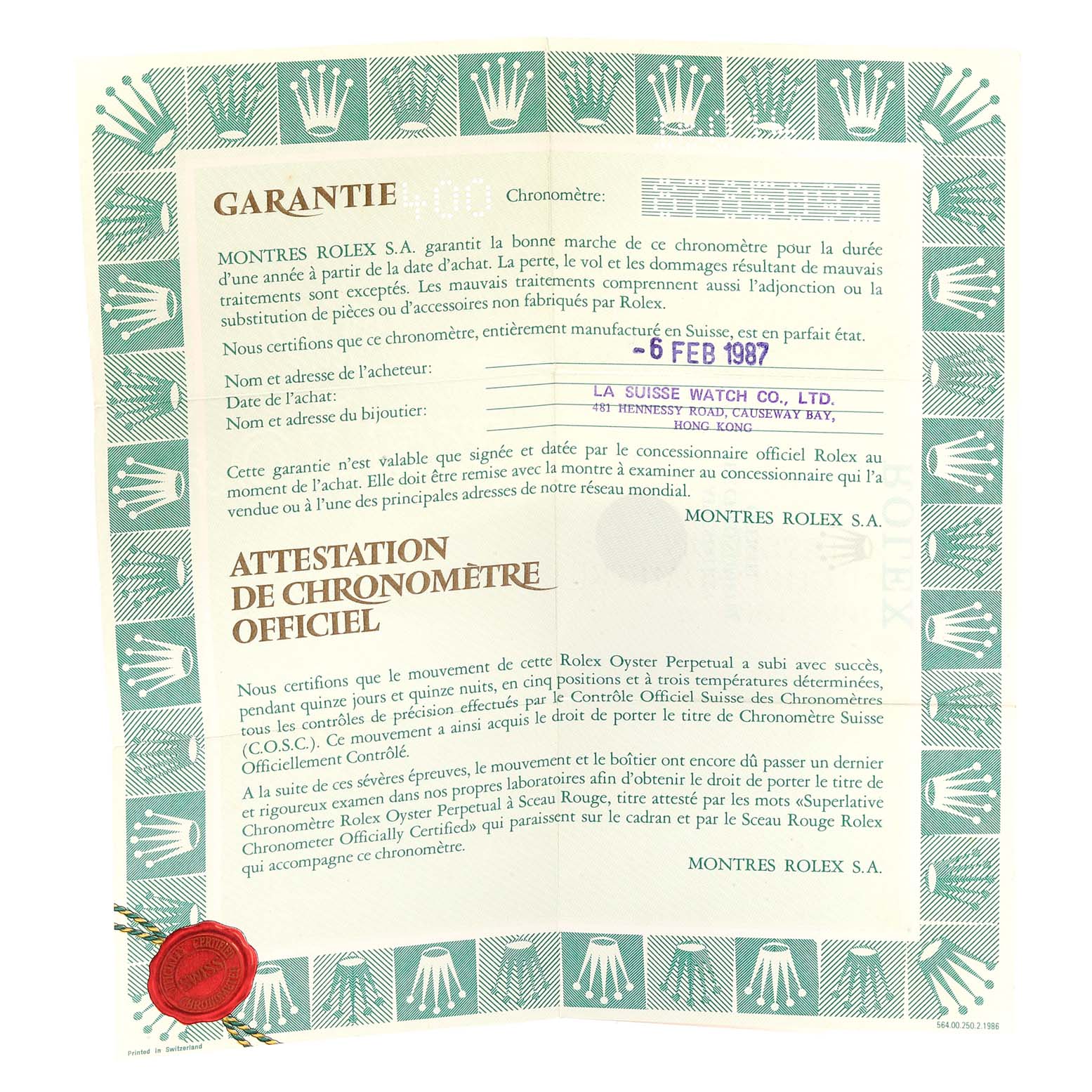 The image shows a warranty certificate for a Vintage Collection model by Rolex, dated February 6, 1987.