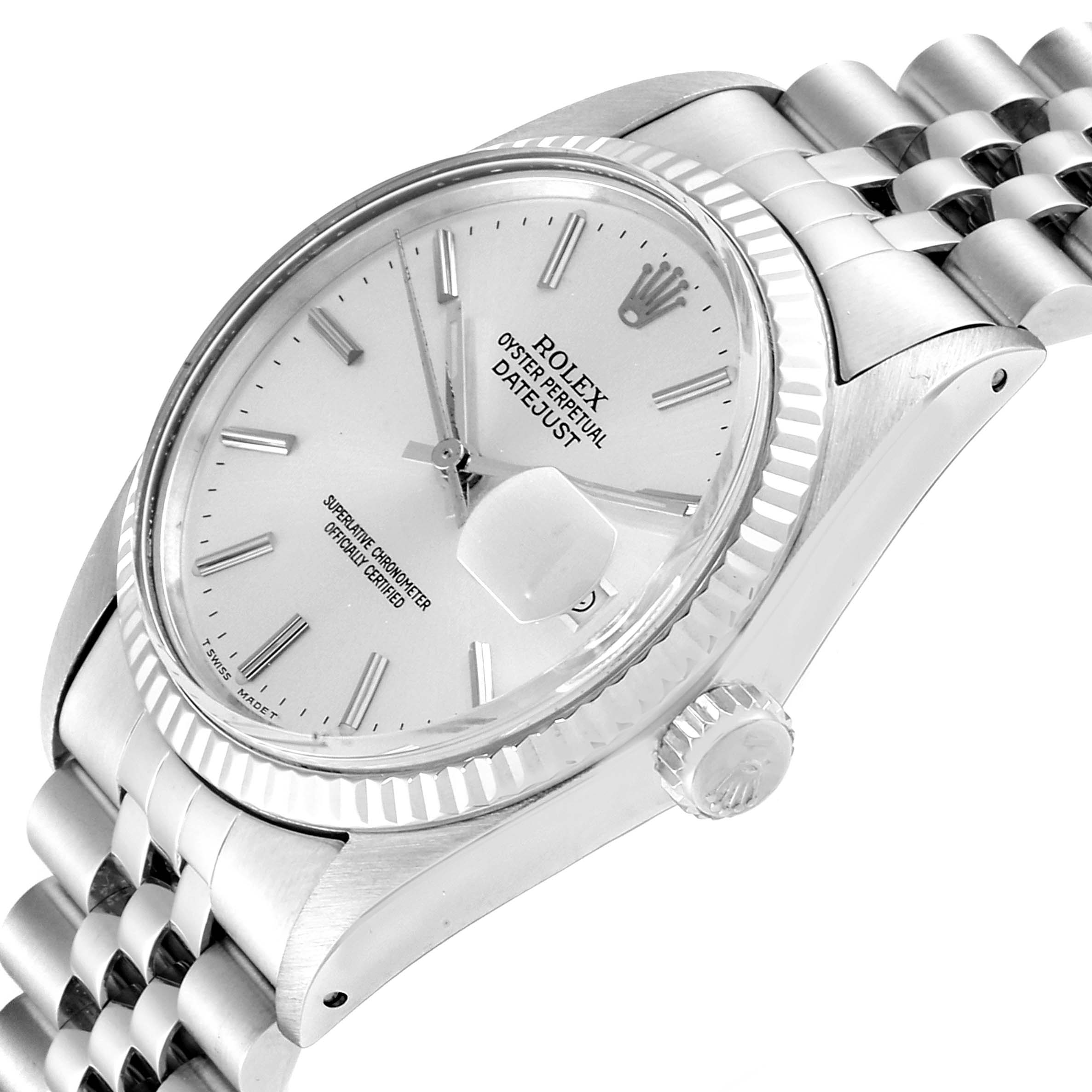 The Rolex Vintage Collection 16014 Men
s Stainless Steel Silver Dial 16014 Men
s Stainless Steel Silver Dial watch is shown from a slightly tilted angle, highlighting the dial, bezel, case, and part of the bracelet.