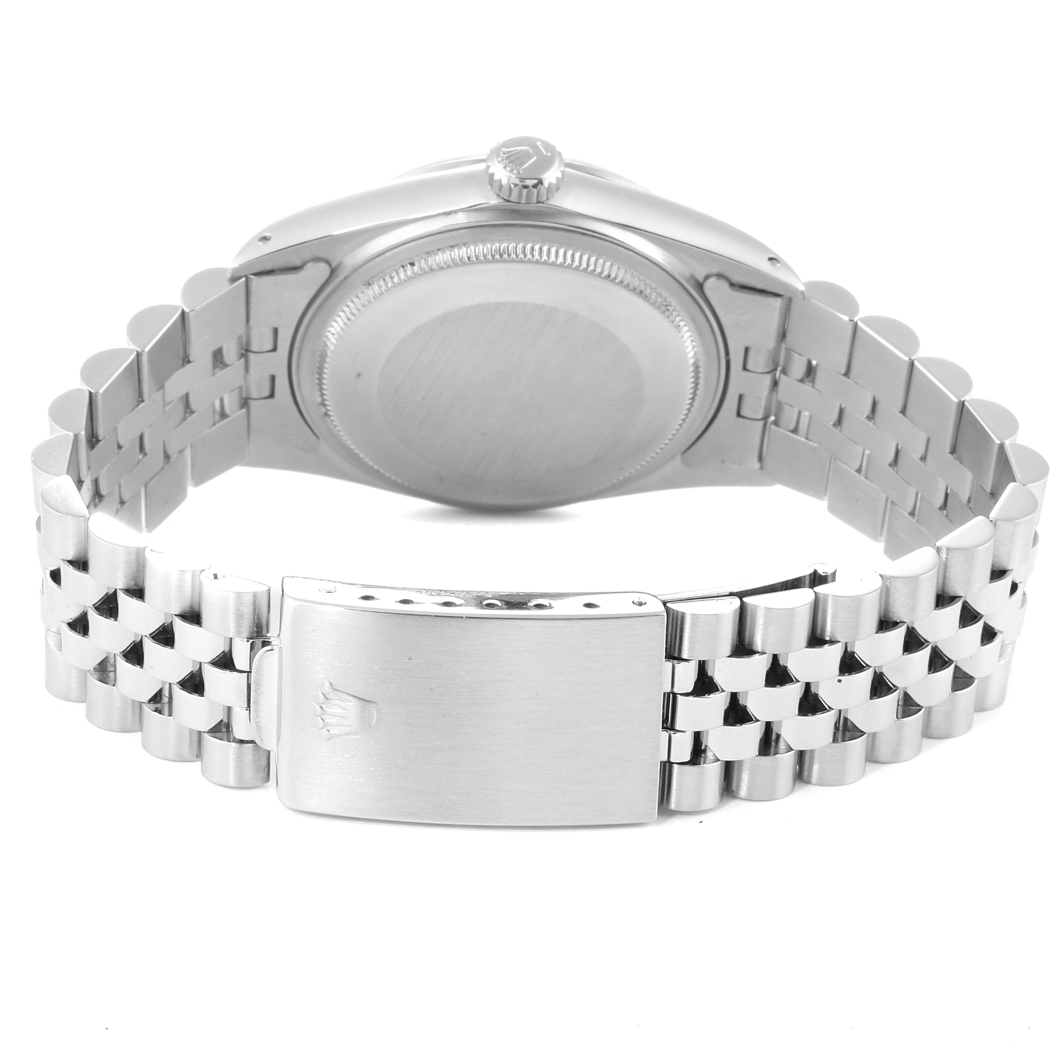 This image shows the back case, crown, and clasp of a Rolex Vintage Collection 16014 Men
s Stainless Steel Silver Dial 16014 Men
s Stainless Steel Silver Dial watch from a rear angle.