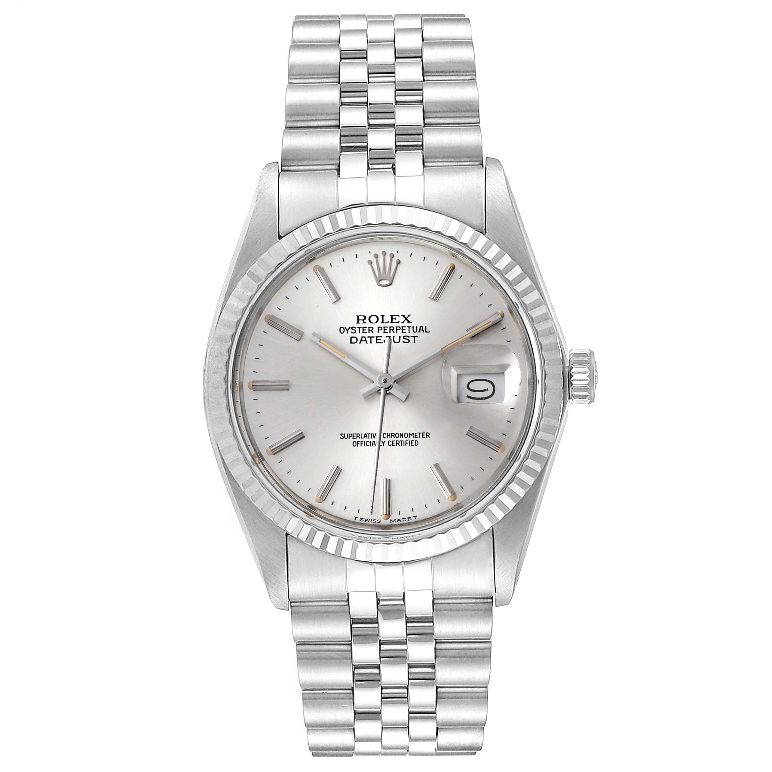The image shows a frontal view of the Rolex Vintage Collection 16014 Men
s Stainless Steel Silver Dial 16014 Men
s Stainless Steel Silver Dial Datejust watch, displaying its dial, bezel, and bracelet.