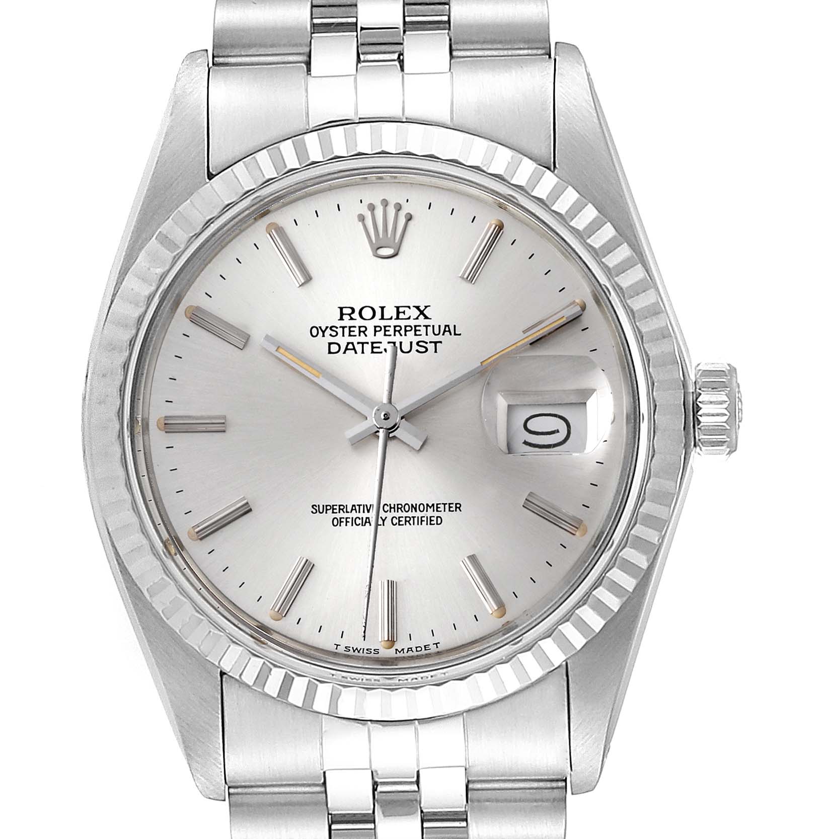 The image shows the front view of a Rolex Vintage Collection 16014 Men
s Stainless Steel Silver Dial 16014 Men
s Stainless Steel Silver Dial Datejust watch, displaying the dial, bezel, crown, and part of the bracelet.