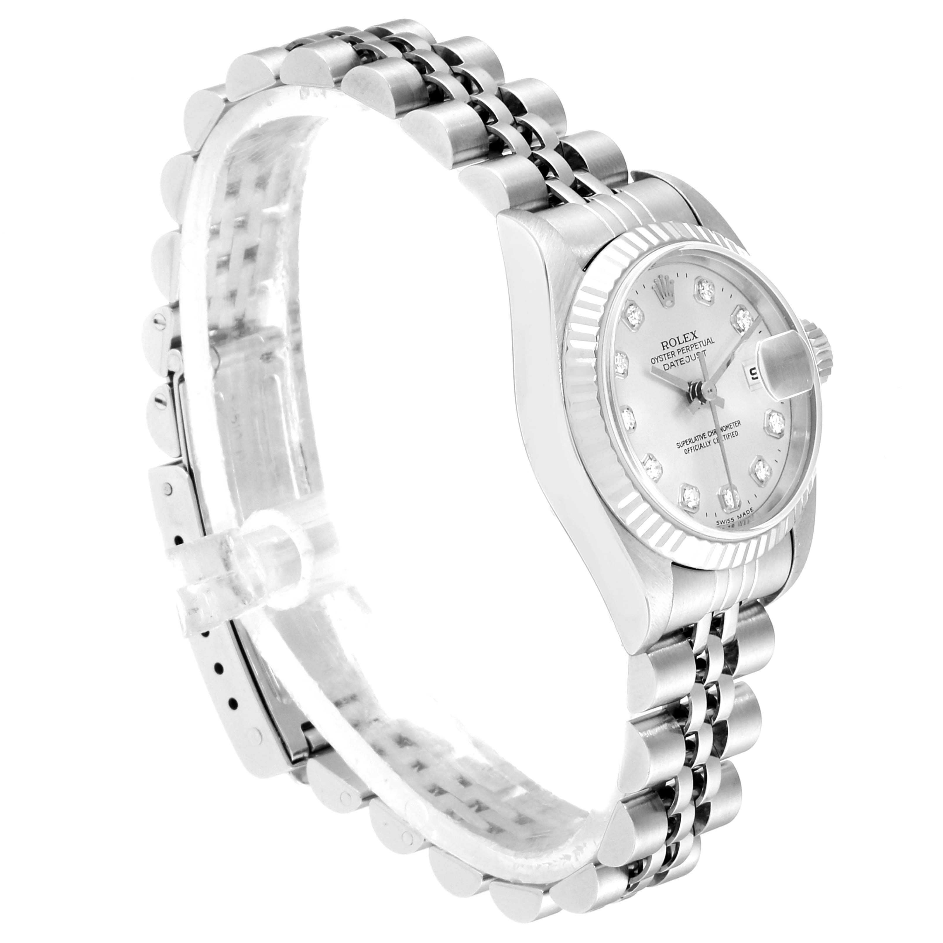 This image shows a side and angled view of a Rolex Datejust 69174 Women
s Stainless Steel Silver Dial 69174 Women
s Stainless Steel Silver Dial watch, focusing on the watch face, bracelet, and clasp.