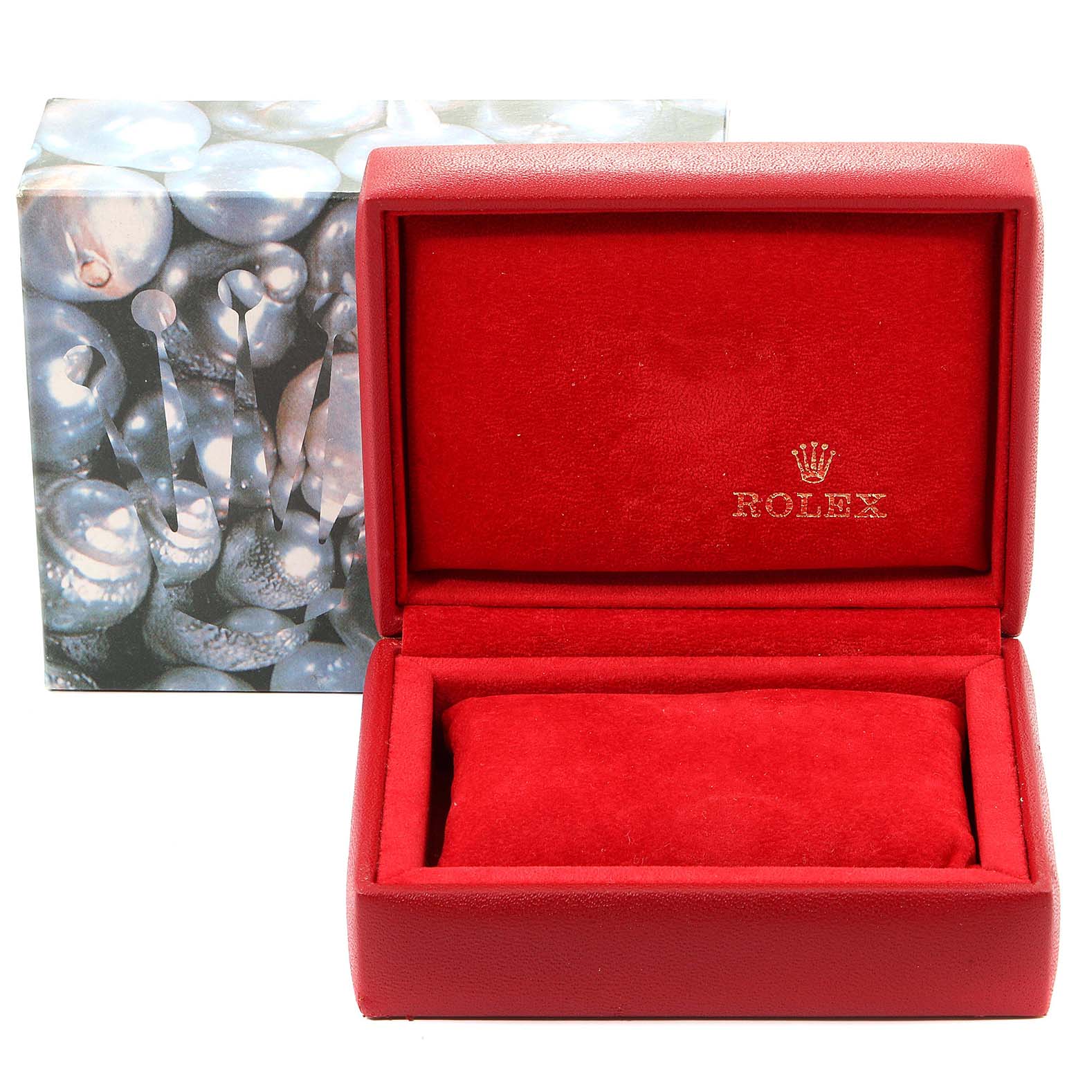 The image shows an open red Rolex Datejust 69174 Women
s Stainless Steel Silver Dial 69174 Women
s Stainless Steel Silver Dial watch box, displaying the brand
s logo inside.
