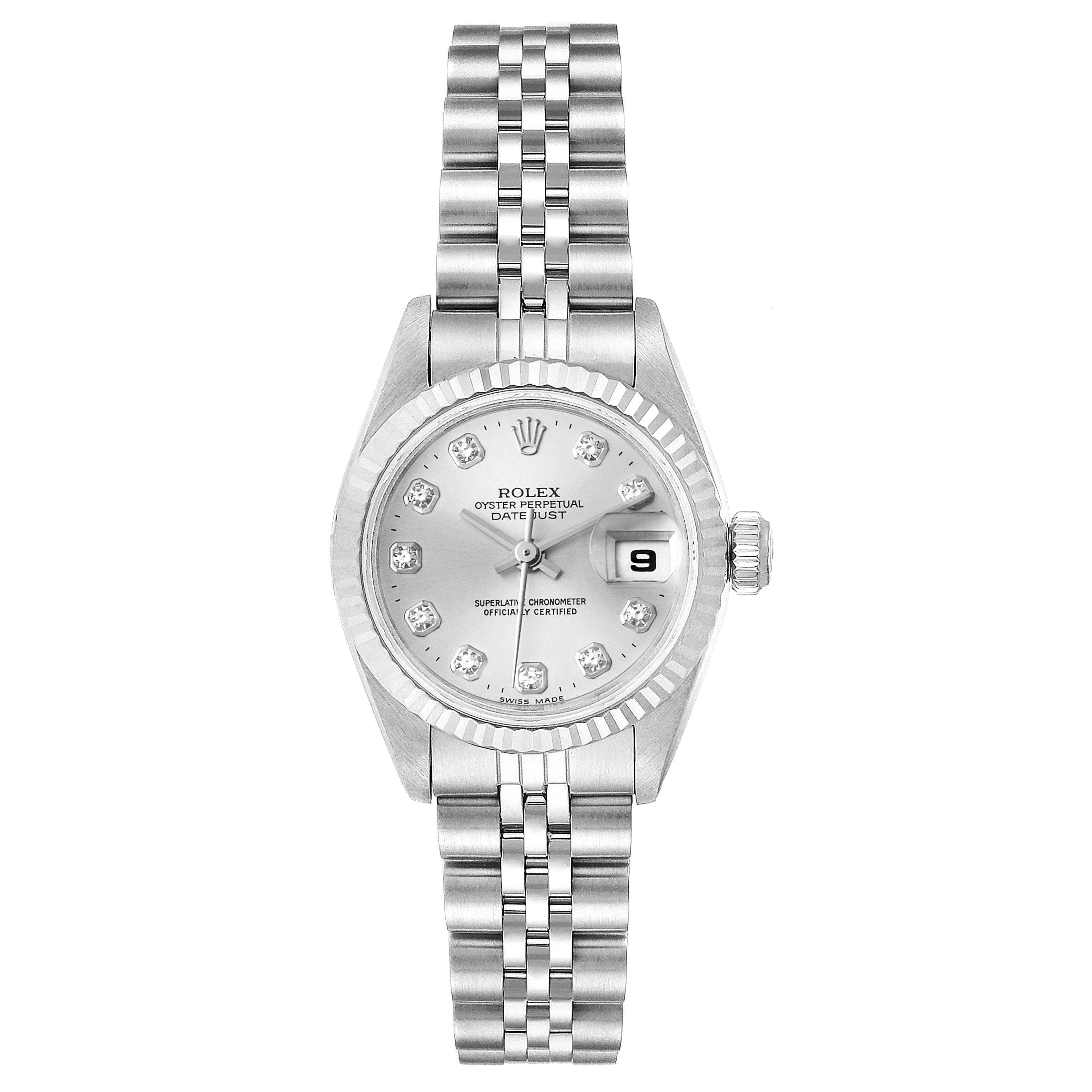 The image shows a frontal view of the Rolex Datejust 69174 Women
s Stainless Steel Silver Dial 69174 Women
s Stainless Steel Silver Dial watch, highlighting its dial, bezel, and bracelet.