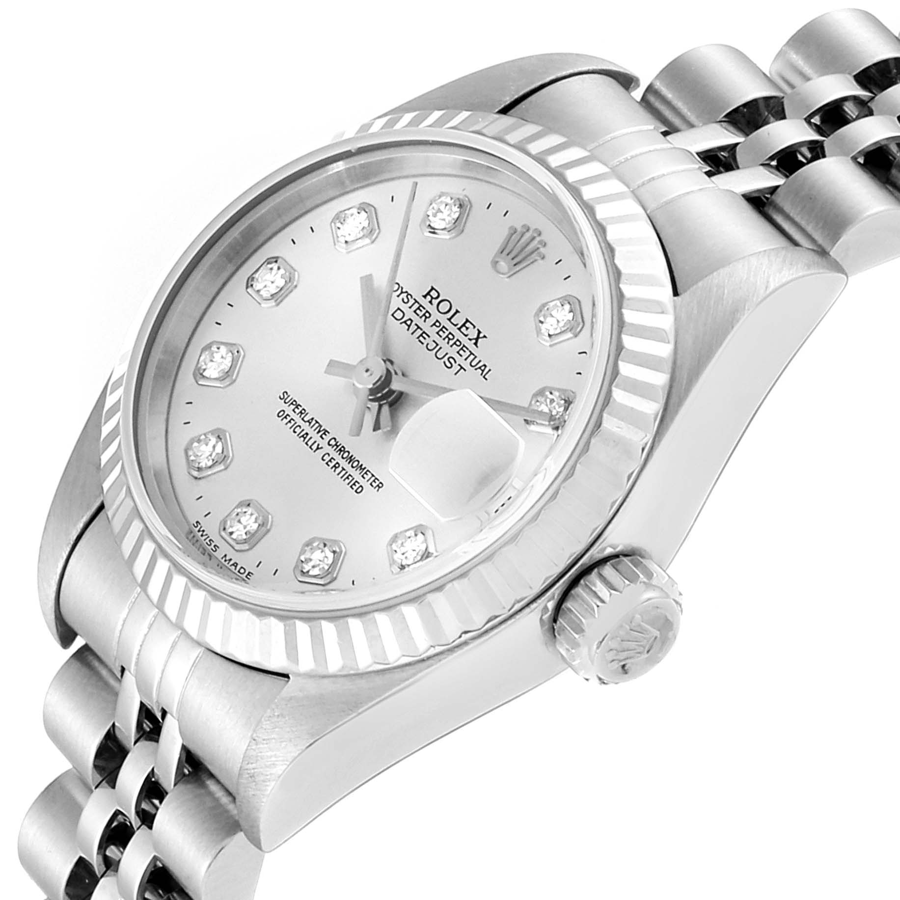 This image shows a partial top and side view of a Rolex Datejust 69174 Women
s Stainless Steel Silver Dial 69174 Women
s Stainless Steel Silver Dial watch, displaying its dial, bezel, crown, and bracelet.