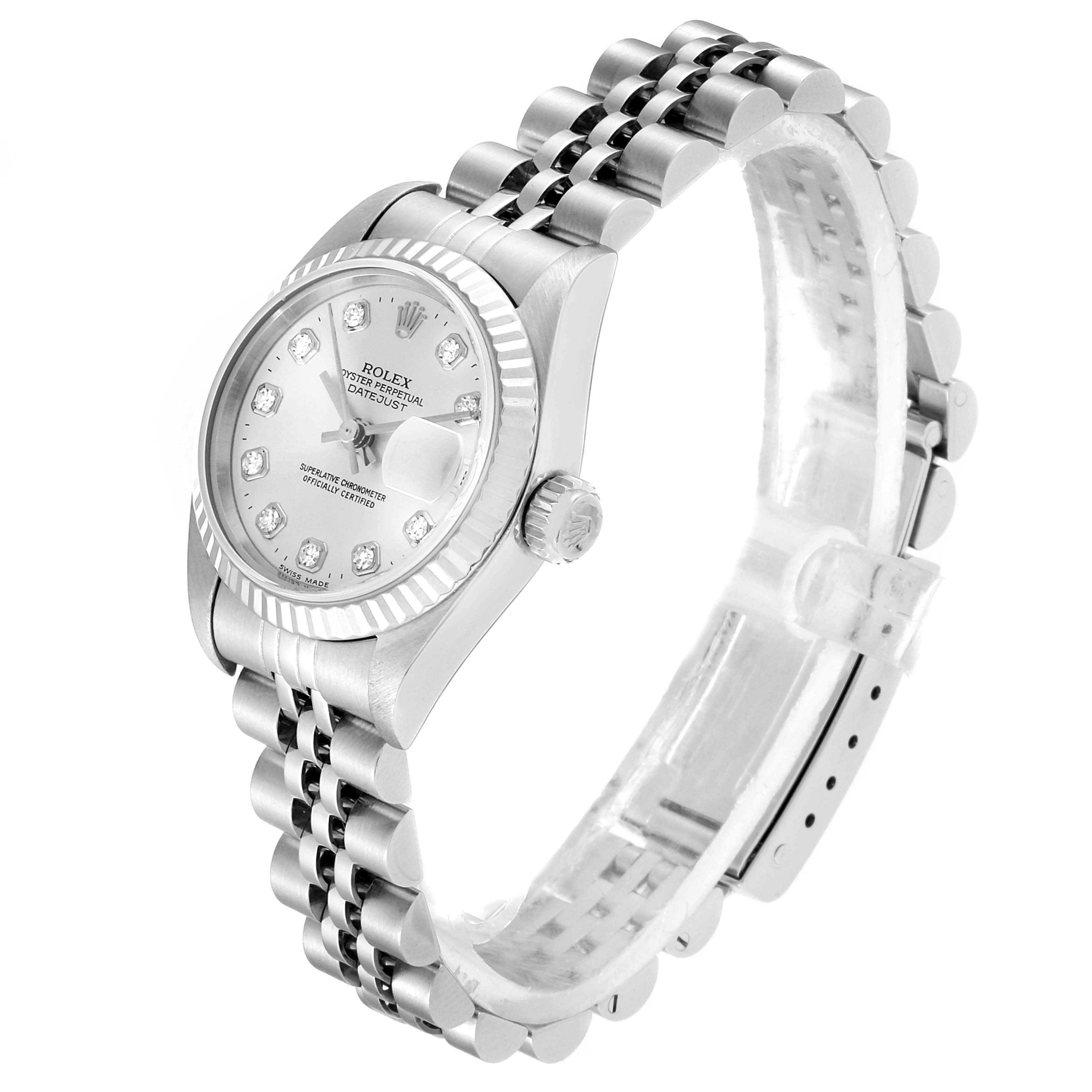 The image shows a side angle of the Rolex Datejust 69174 Women
s Stainless Steel Silver Dial 69174 Women
s Stainless Steel Silver Dial watch, highlighting the bezel, crown, dial, and bracelet.