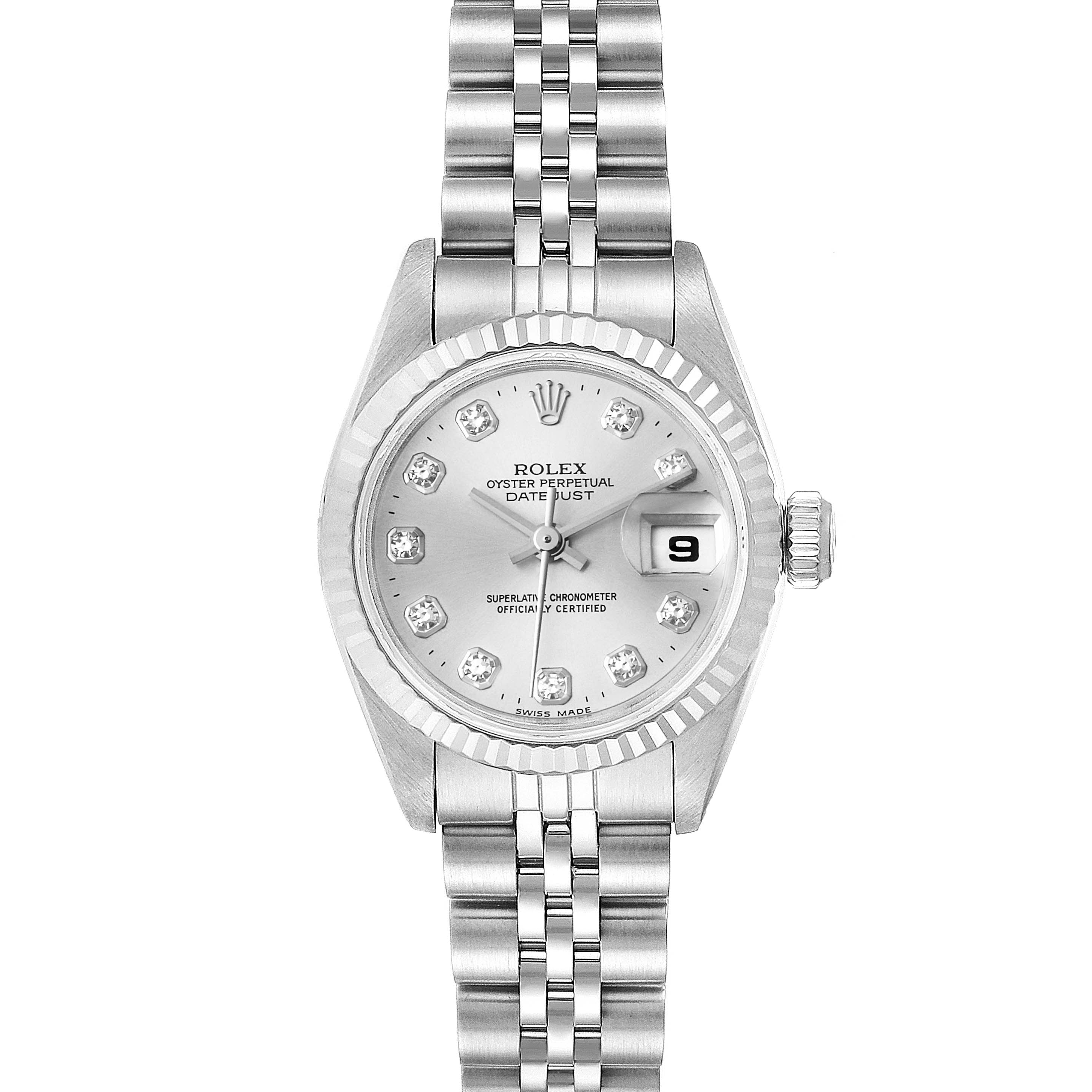 This image shows a front view of a Rolex Datejust 69174 Women
s Stainless Steel Silver Dial 69174 Women
s Stainless Steel Silver Dial watch, displaying its dial, bezel, crown, and bracelet clearly.