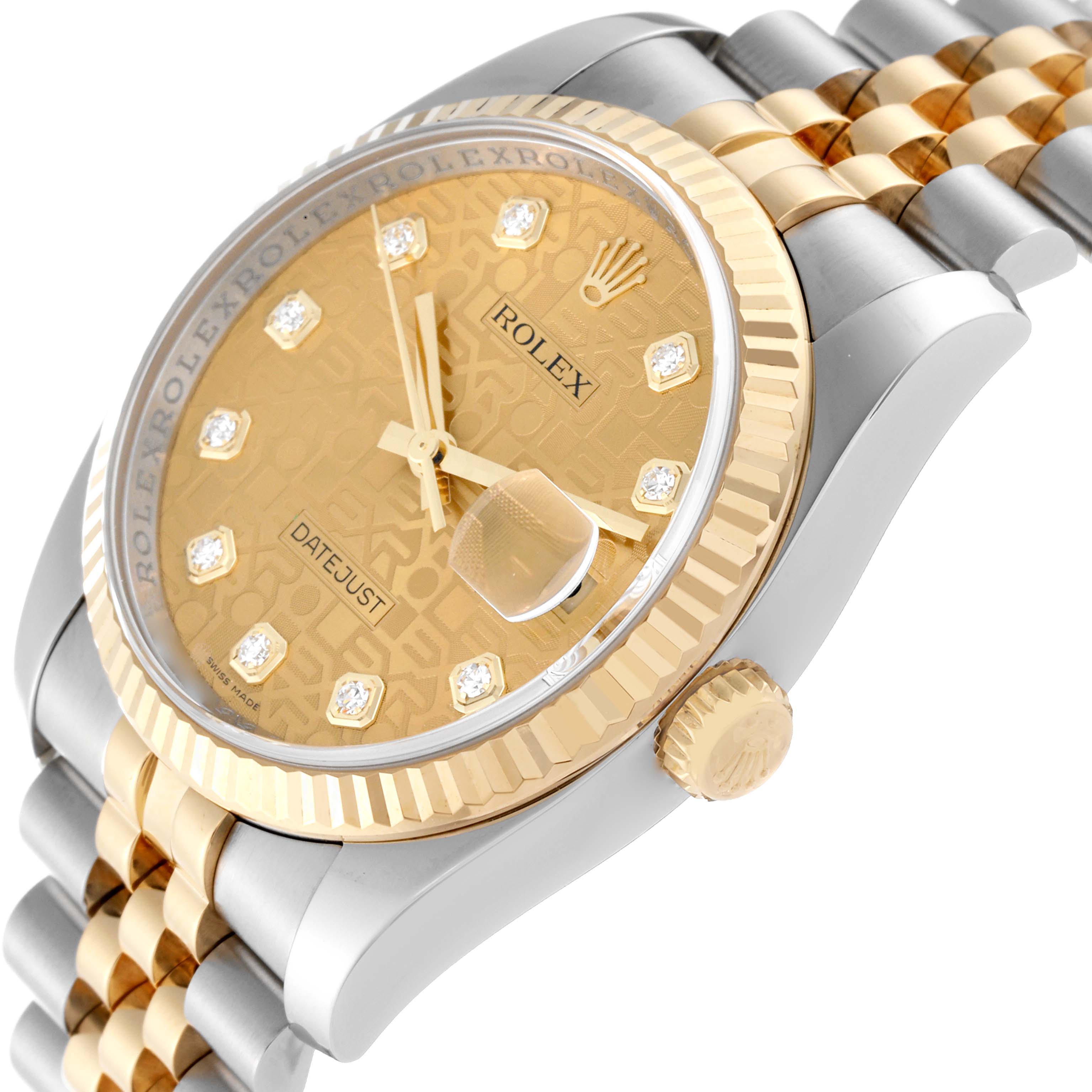 This image shows a close-up angled view of the Rolex Datejust 116233 Men's Steel and Gold (two tone) Champagne Dial 116233 Men's Steel and Gold (two tone) Champagne Dial watch, focusing on the dial, bezel, crown, and part of the bracelet.