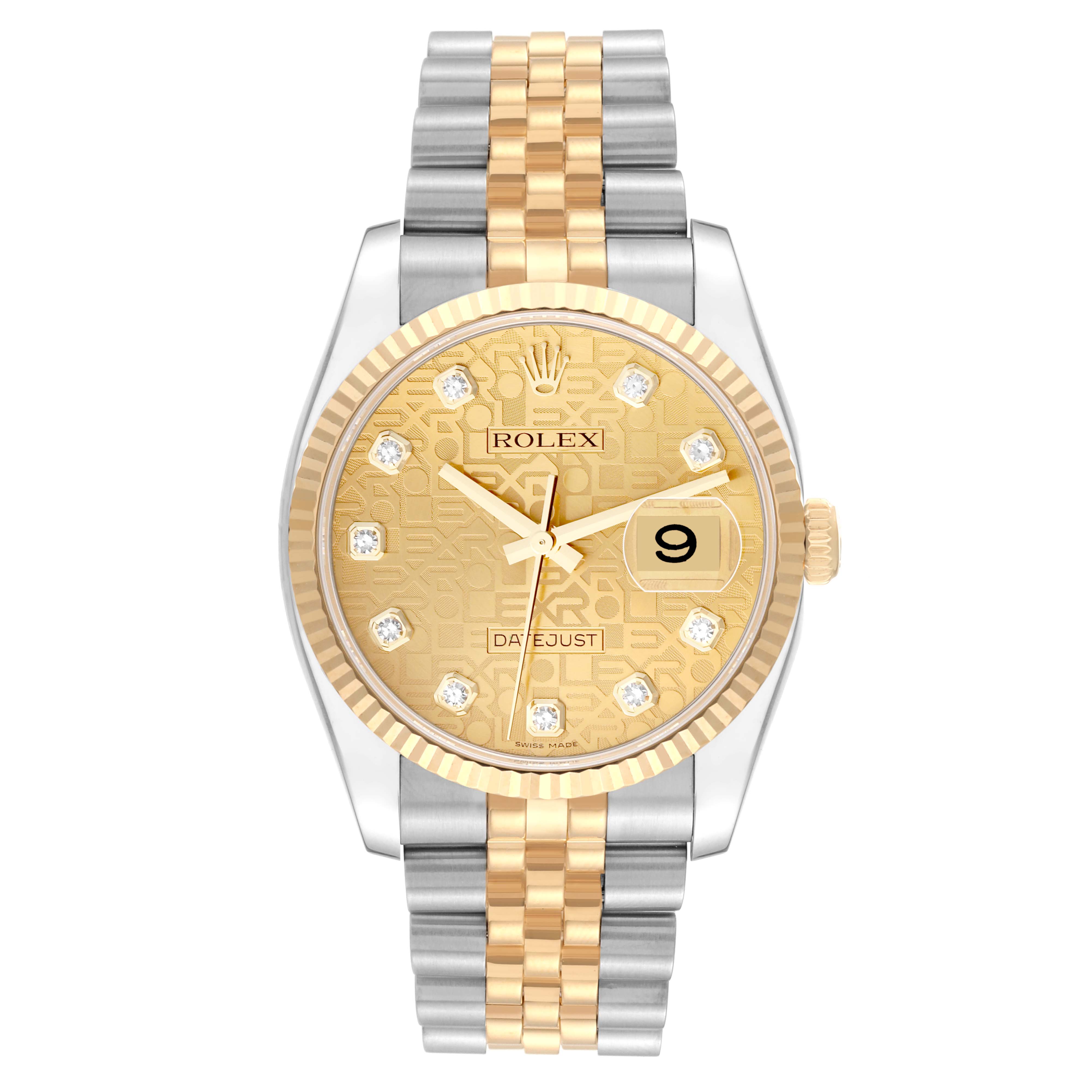 The image shows a front view of a Rolex Datejust 116233 Men's Steel and Gold (two tone) Champagne Dial 116233 Men's Steel and Gold (two tone) Champagne Dial watch featuring a two-tone bracelet and a gold dial with diamond hour markers.