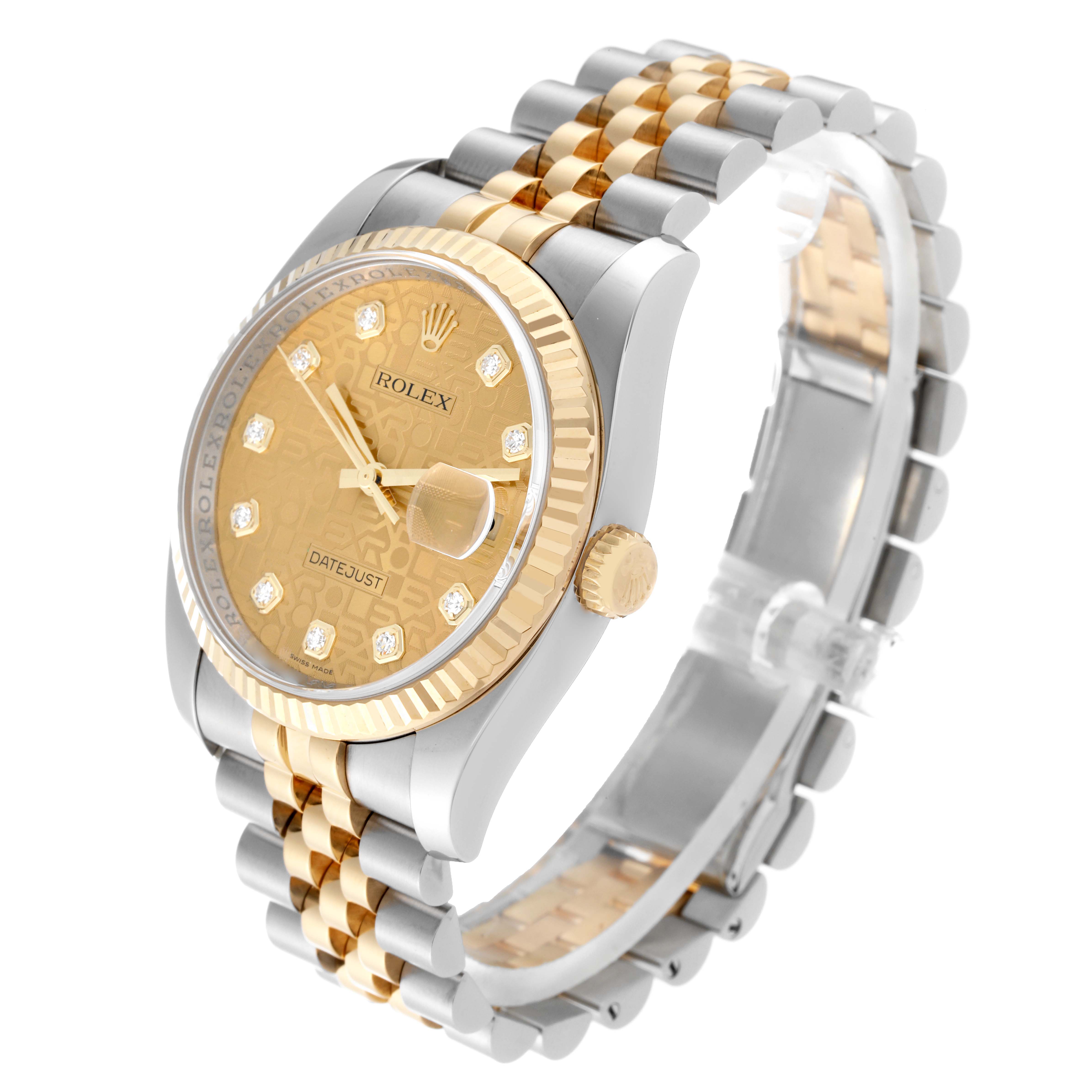 The image shows a Rolex Datejust 116233 Men's Steel and Gold (two tone) Champagne Dial 116233 Men's Steel and Gold (two tone) Champagne Dial watch at an angle that highlights its gold and silver case, bracelet, and the diamond-set dial.