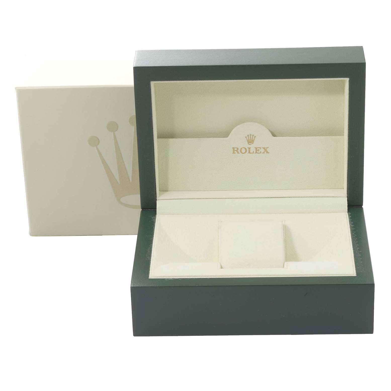 The image shows an open Rolex watch box for a Datejust model, displaying the inside cushion and logo.