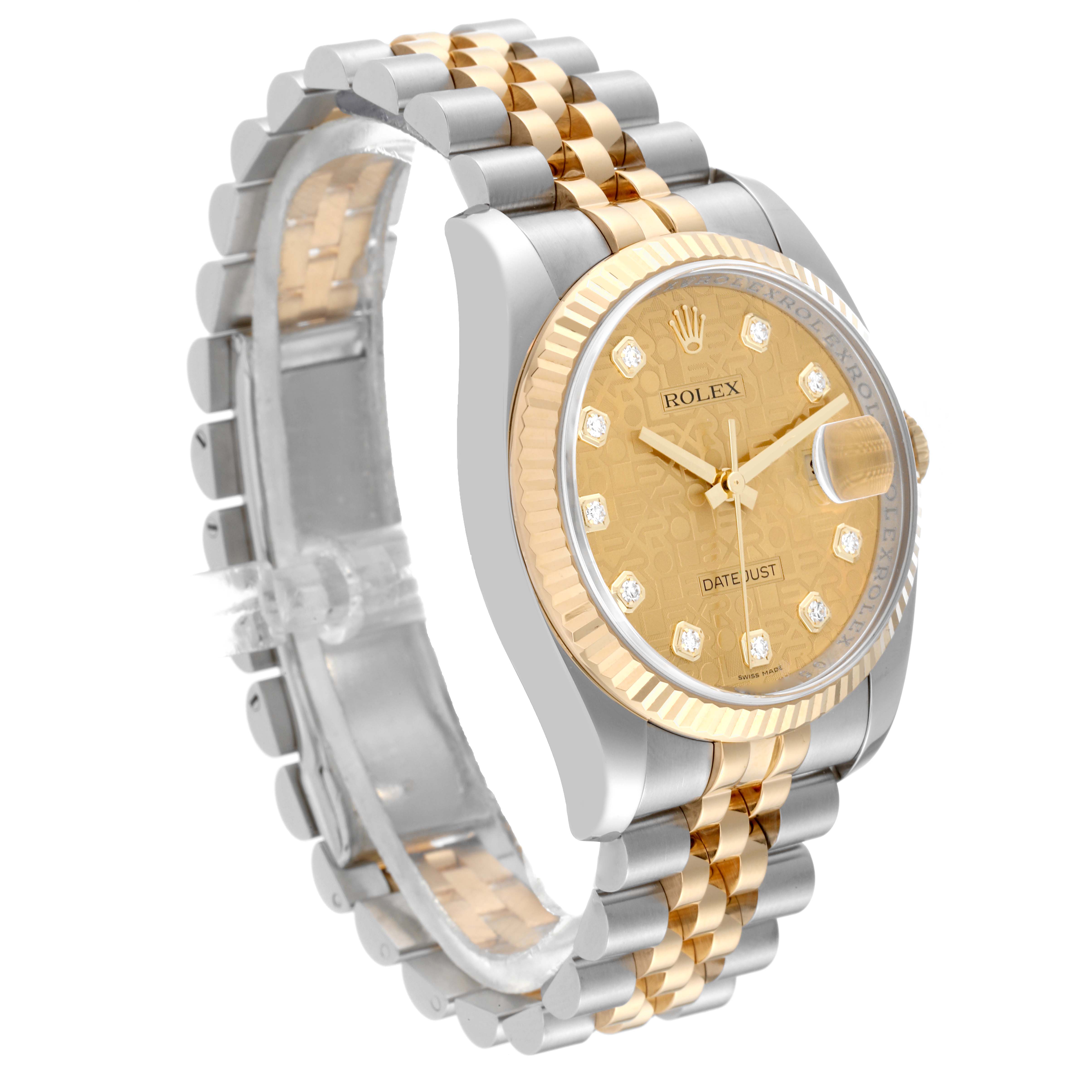 This Rolex Datejust 116233 Men's Steel and Gold (two tone) Champagne Dial 116233 Men's Steel and Gold (two tone) Champagne Dial watch is shown at a three-quarter angle, highlighting its dual-tone bracelet, golden dial, and fluted bezel.