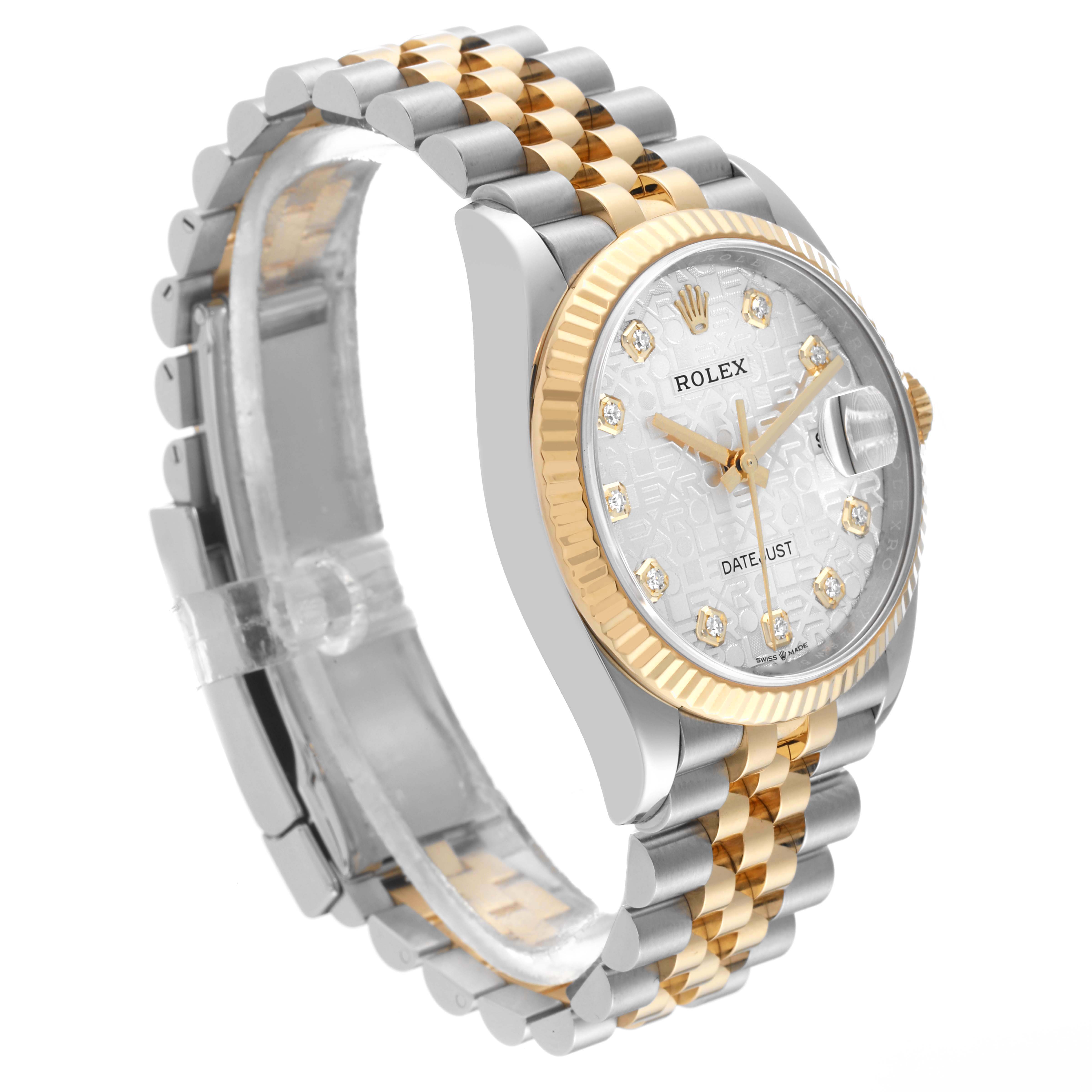 This image shows a Rolex Datejust 126233 Men's Steel and Gold (two tone) Silver Dial 126233 Men's Steel and Gold (two tone) Silver Dial watch at a slight angle, highlighting its two-tone metal bracelet, fluted bezel, and patterned dial.