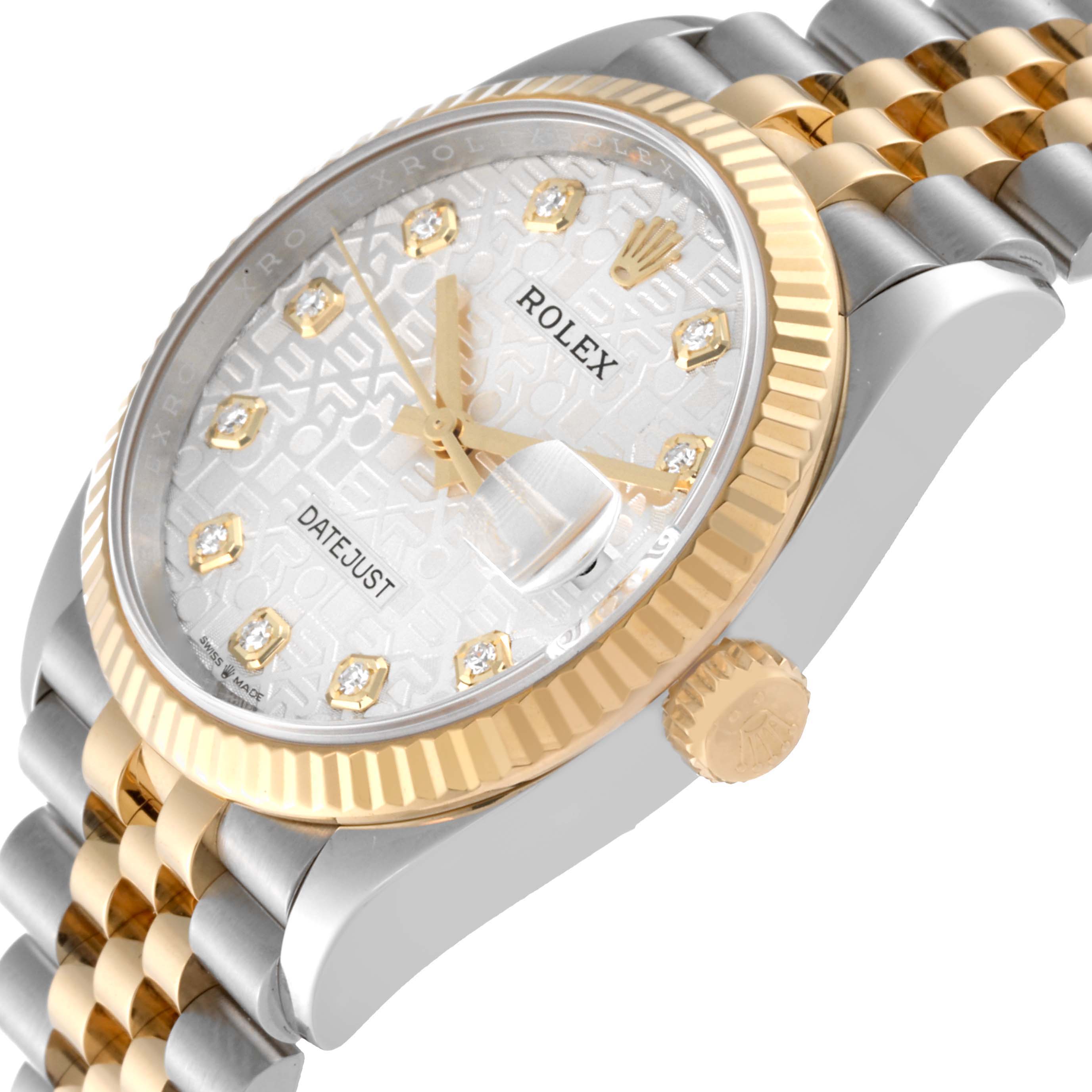 The image shows a Rolex Datejust 126233 Men's Steel and Gold (two tone) Silver Dial 126233 Men's Steel and Gold (two tone) Silver Dial watch with a close-up angle highlighting the dial, bezel, crown, and part of the bracelet.