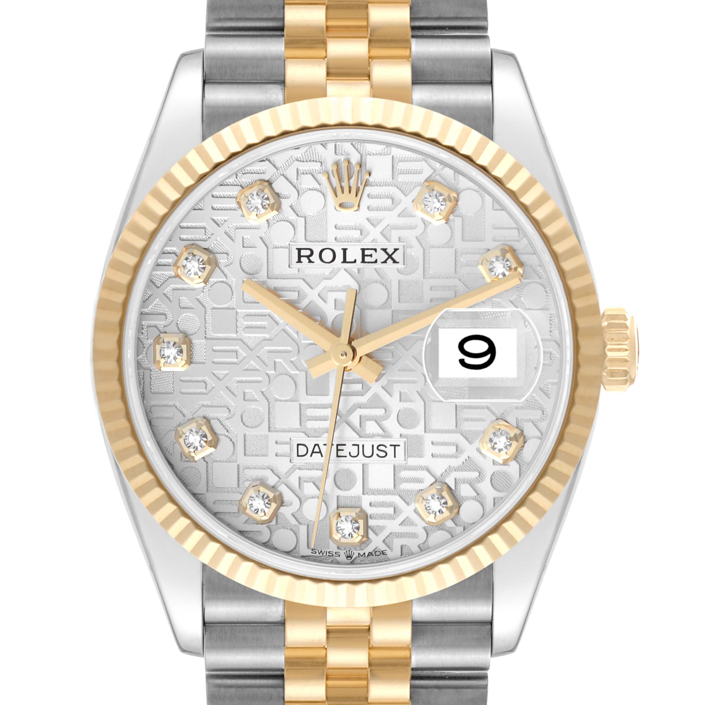 The image shows a front view of the Rolex Datejust 126233 Men's Steel and Gold (two tone) Silver Dial 126233 Men's Steel and Gold (two tone) Silver Dial watch, featuring the dial, bezel, and part of the bracelet.