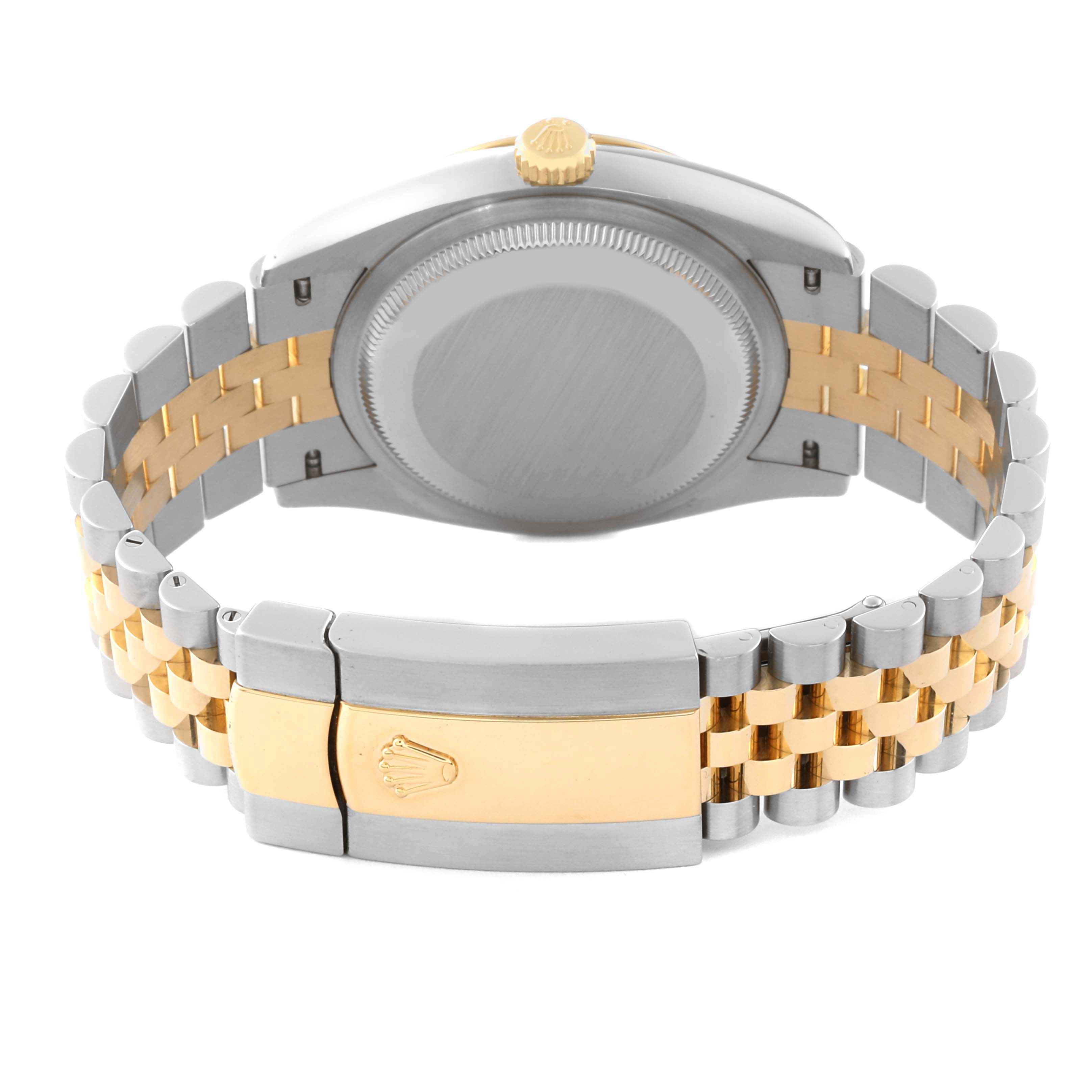 This image shows the back case and two-tone bracelet of the Rolex Datejust 126233 Men's Steel and Gold (two tone) Silver Dial 126233 Men's Steel and Gold (two tone) Silver Dial watch from a rear angle.