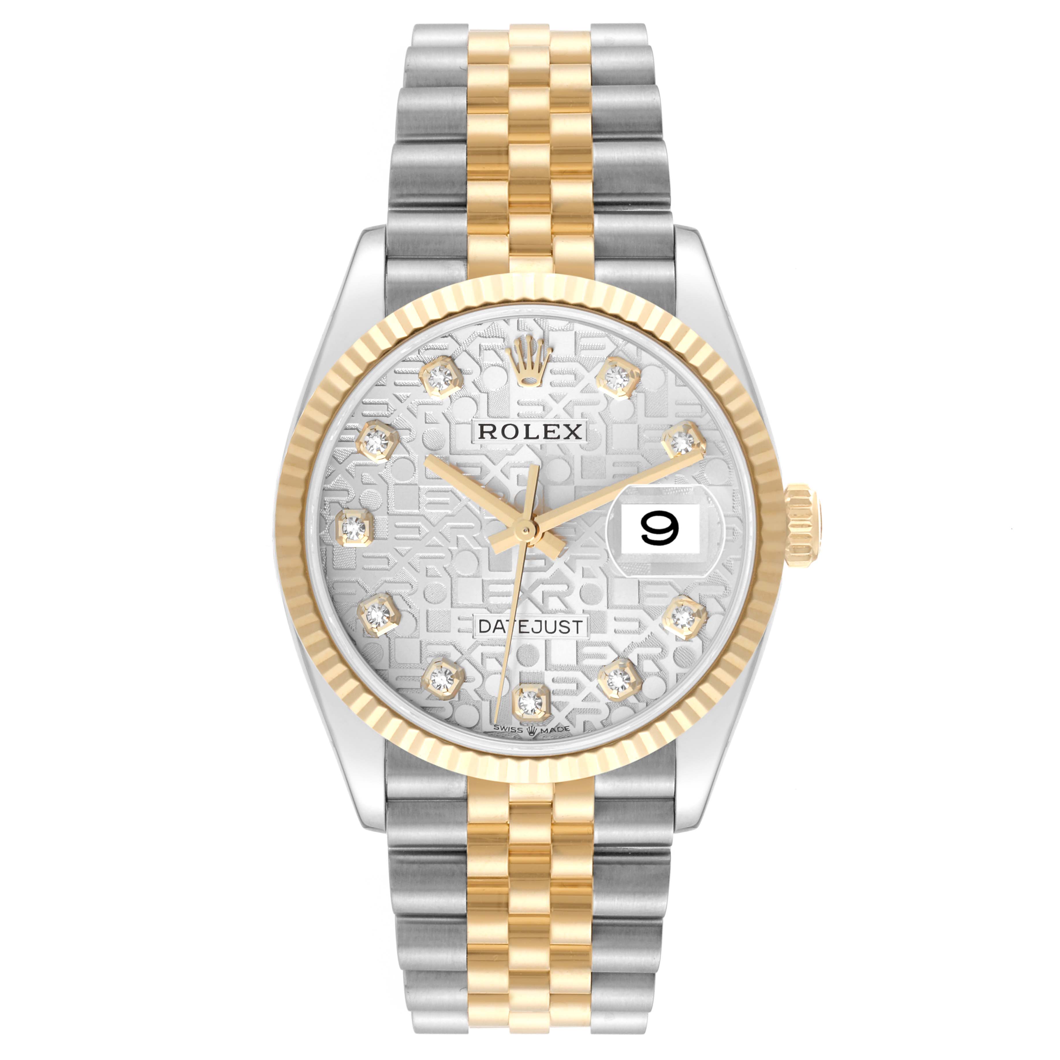 This image shows a frontal view of a Rolex Datejust 126233 Men's Steel and Gold (two tone) Silver Dial 126233 Men's Steel and Gold (two tone) Silver Dial watch, featuring a silver and gold case, a patterned dial, and a two-tone bracelet.