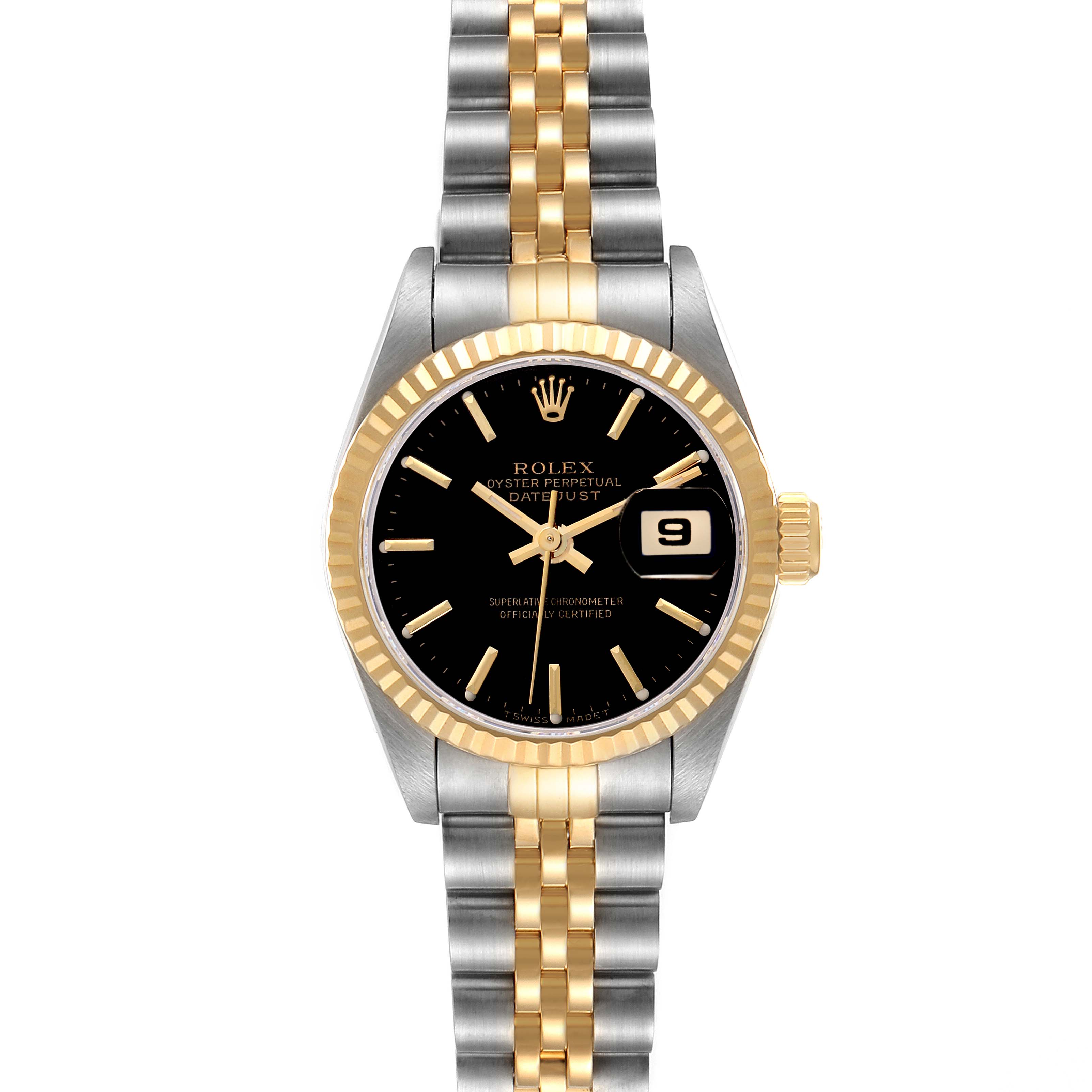 The Rolex Datejust 69173 Women
s Steel and Gold (two tone) Black Dial 69173 Women
s Steel and Gold (two tone) Black Dial watch is shown from the front, displaying the dial, bezel, case, and bracelet.