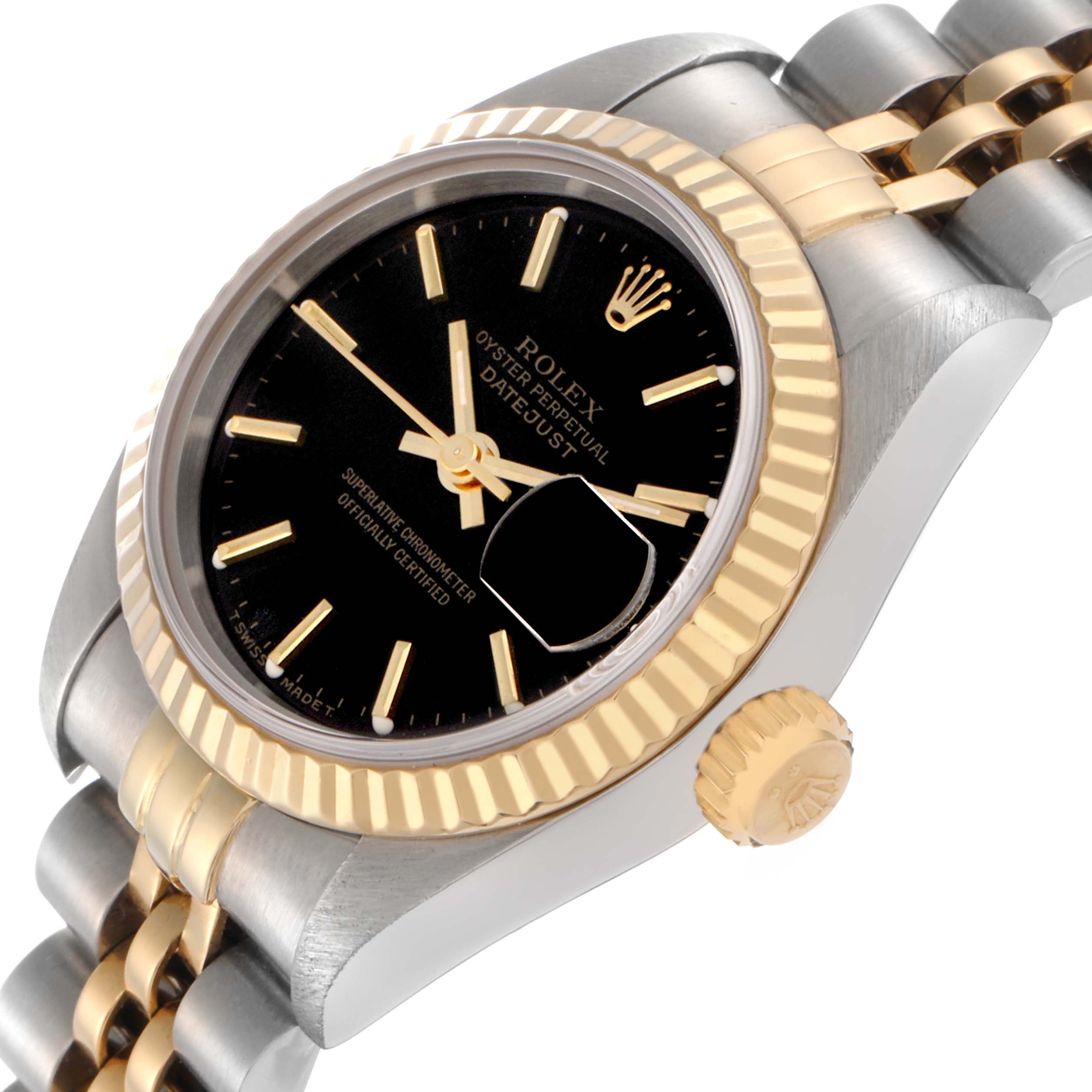 The Rolex Datejust 69173 Women
s Steel and Gold (two tone) Black Dial 69173 Women
s Steel and Gold (two tone) Black Dial watch is shown at an angled view, highlighting the face, bezel, and part of the bracelet.