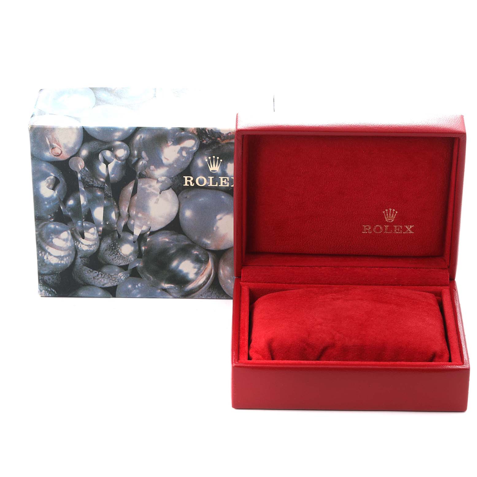 The image shows a Rolex Datejust 69173 Women
s Steel and Gold (two tone) Black Dial 69173 Women
s Steel and Gold (two tone) Black Dial watch box and cushion, with a decorative outer box.