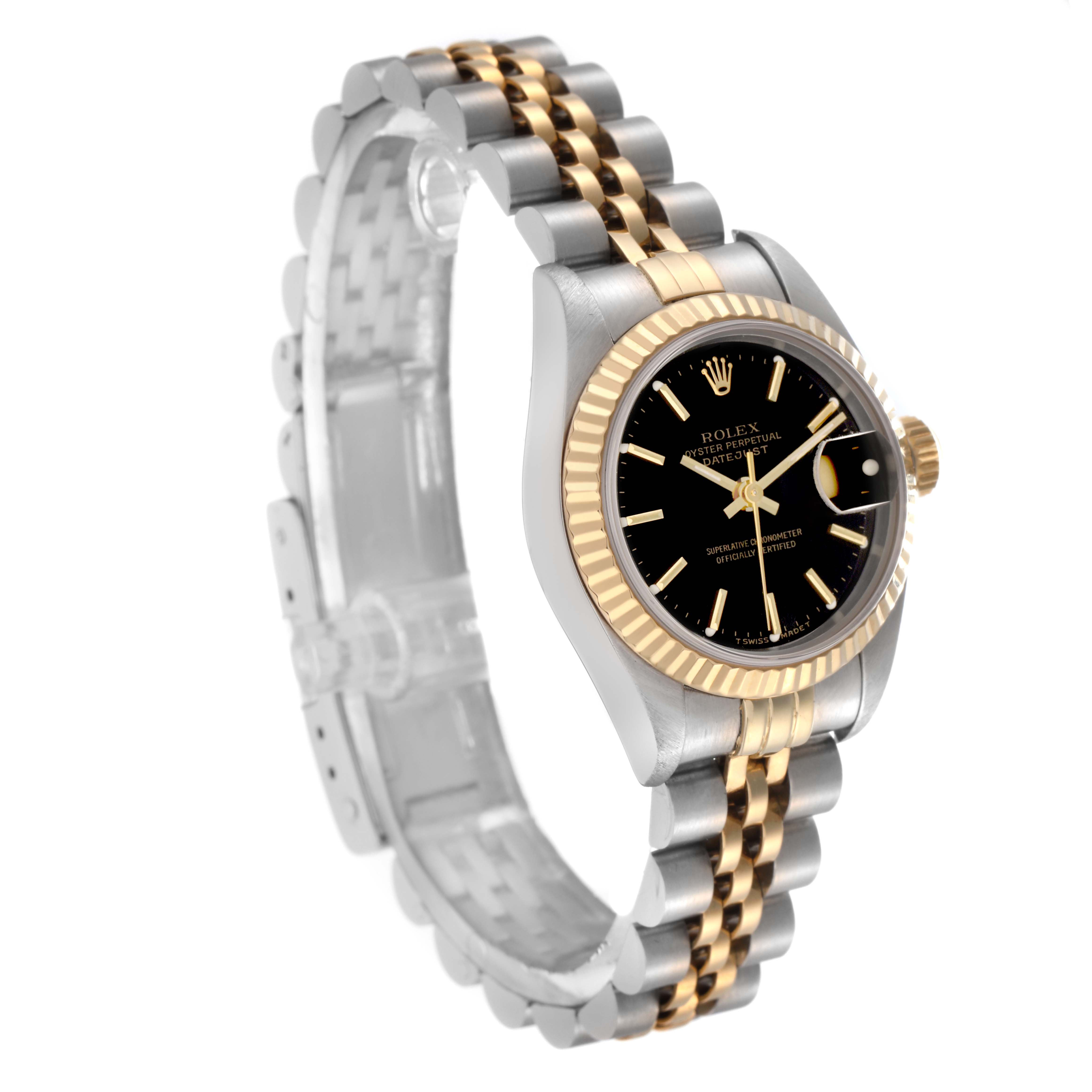 The Rolex Datejust 69173 Women
s Steel and Gold (two tone) Black Dial 69173 Women
s Steel and Gold (two tone) Black Dial watch is shown at an angled view highlighting its two-tone bracelet, fluted bezel, and black dial.