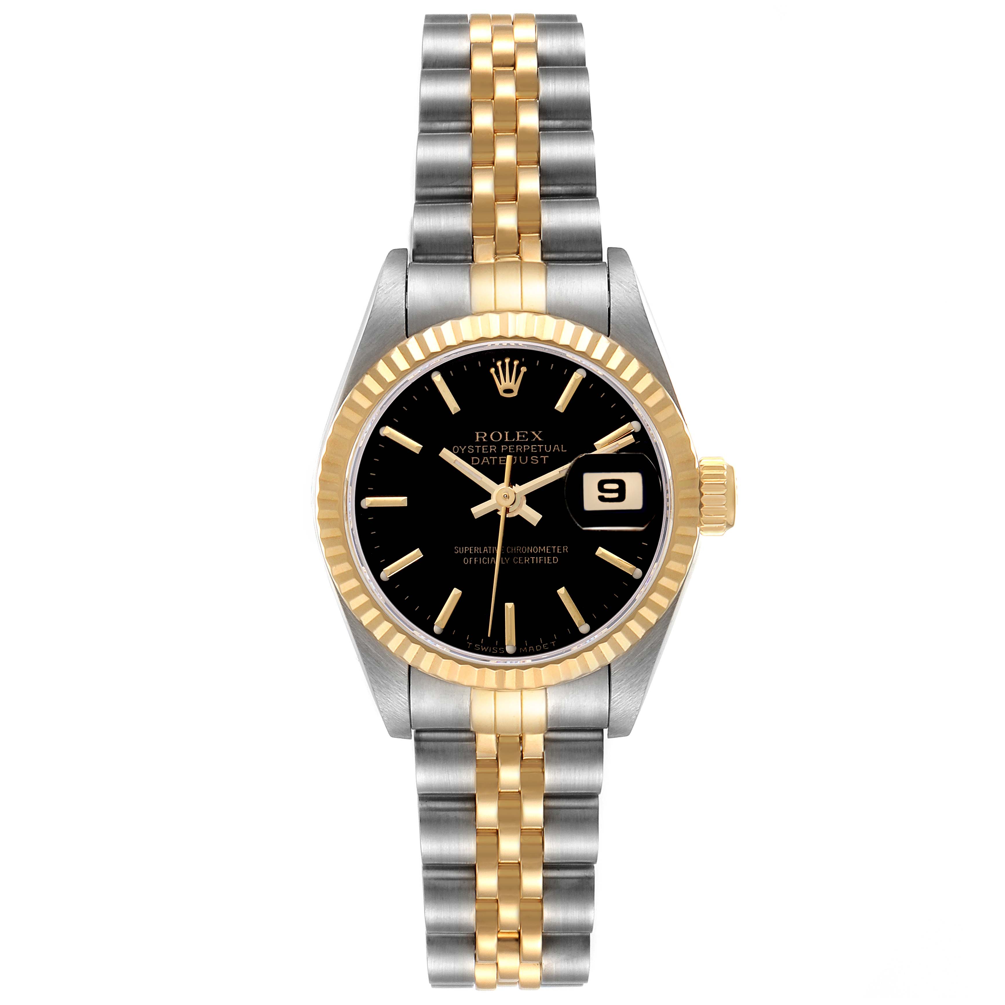 The Rolex Datejust 69173 Women
s Steel and Gold (two tone) Black Dial 69173 Women
s Steel and Gold (two tone) Black Dial watch is shown from a front view, displaying the full face, bezel, and bracelet.