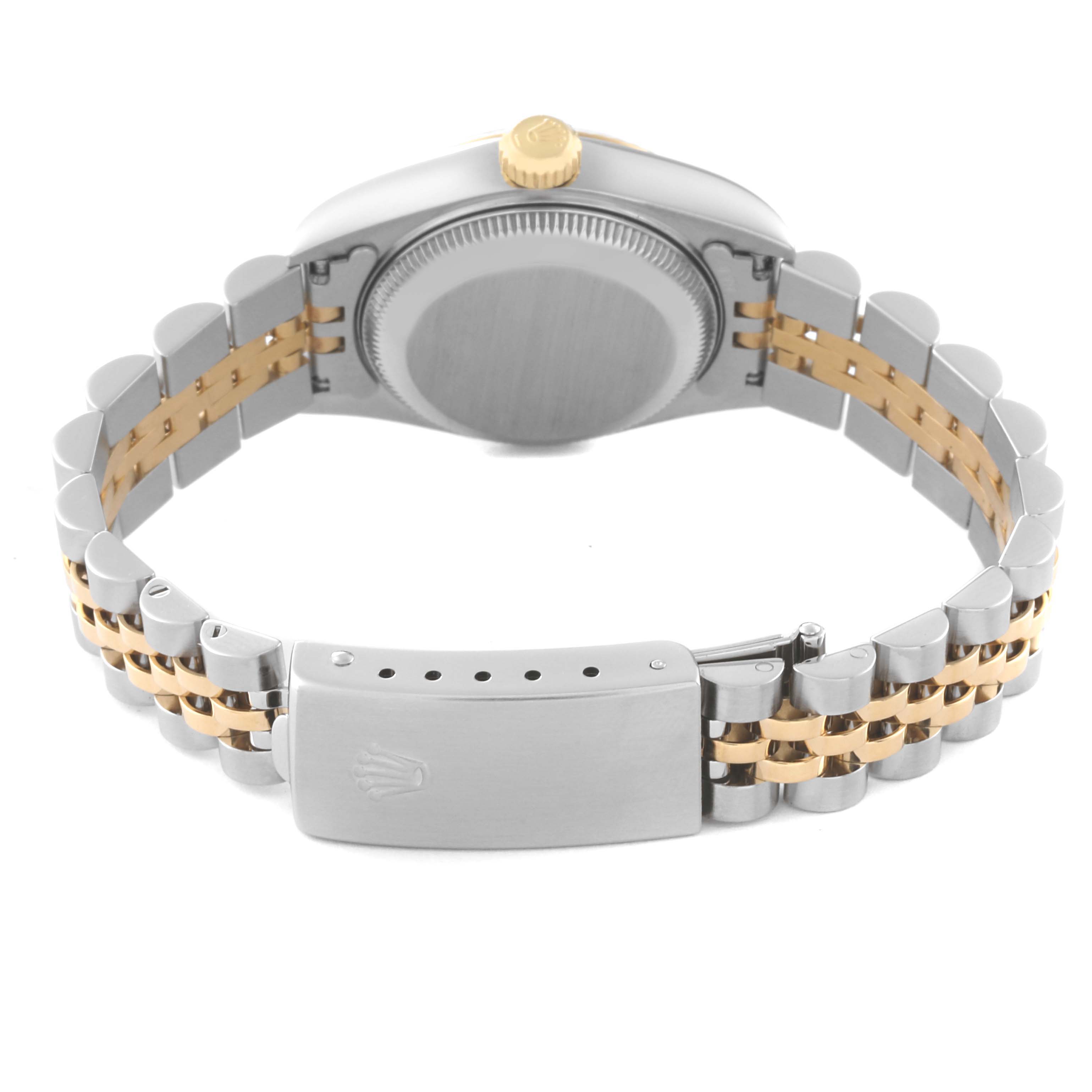 This image shows the back view of a Rolex Datejust 79173 Women's Steel and Gold (two tone) Black Dial 79173 Women's Steel and Gold (two tone) Black Dial watch, focusing on the clasp, case back, and two-tone bracelet.