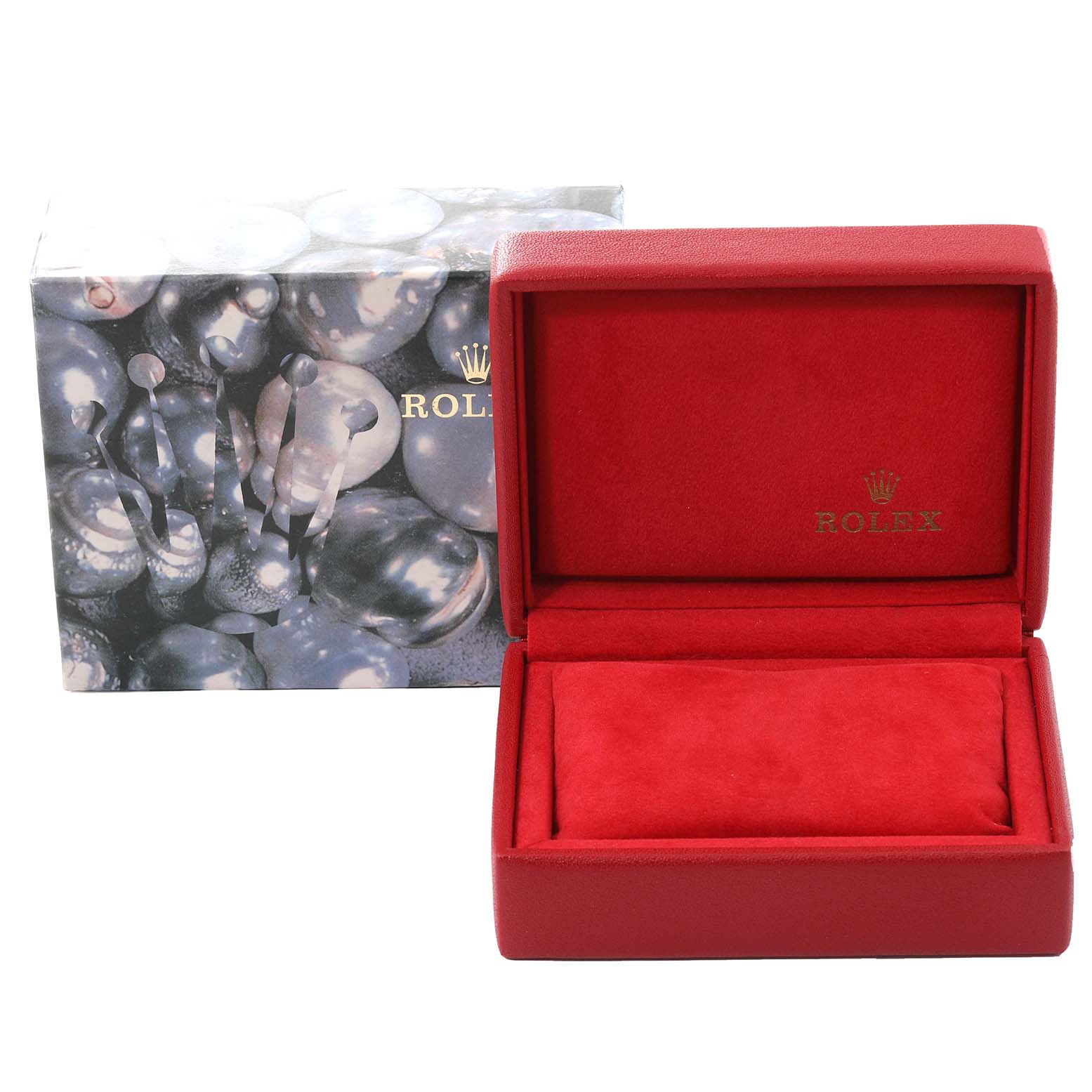 This image shows a red Rolex Datejust 79173 Women's Steel and Gold (two tone) Black Dial 79173 Women's Steel and Gold (two tone) Black Dial watch box with an accompanying outer packaging adorned with a pearl-like design.