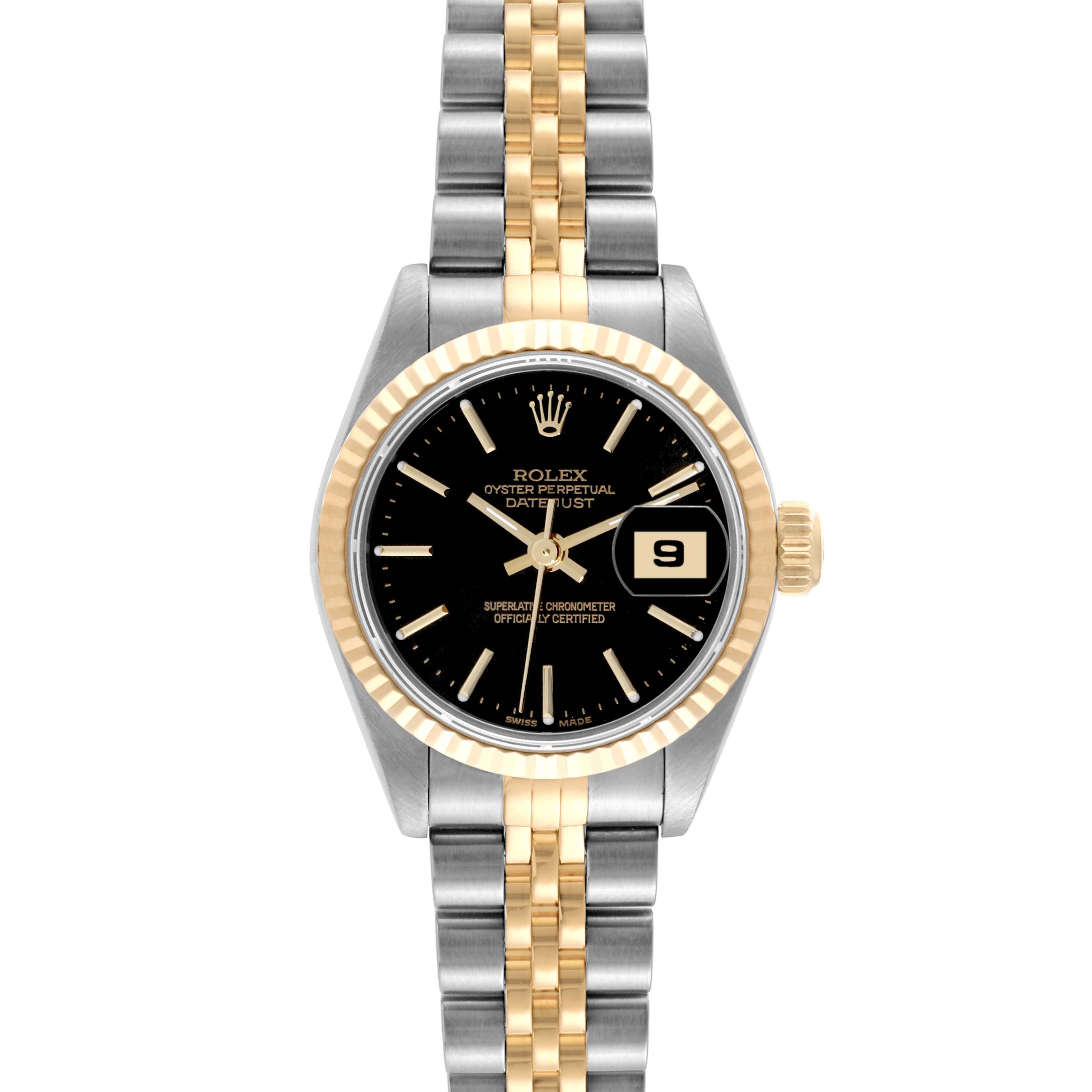 The image shows a Rolex Datejust 79173 Women's Steel and Gold (two tone) Black Dial 79173 Women's Steel and Gold (two tone) Black Dial watch from a front angle, showcasing its two-tone bracelet, black dial, fluted bezel, and date display.