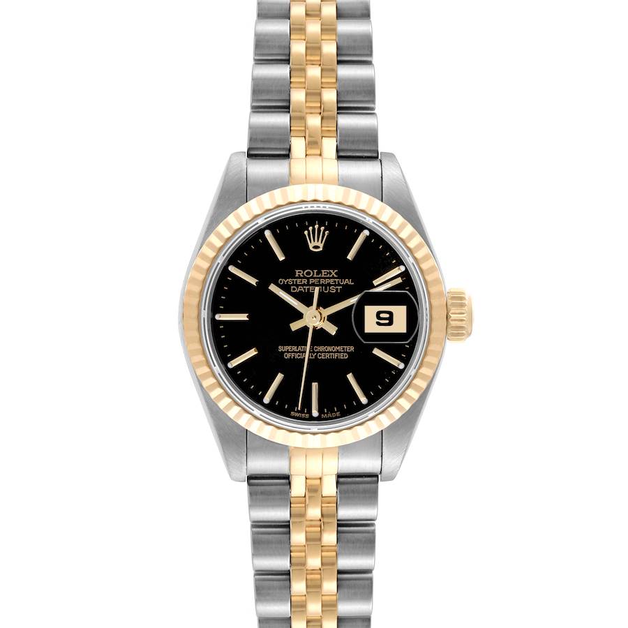 The image shows a Rolex Datejust watch from a front angle, showcasing its two-tone bracelet, black dial, fluted bezel, and date display.