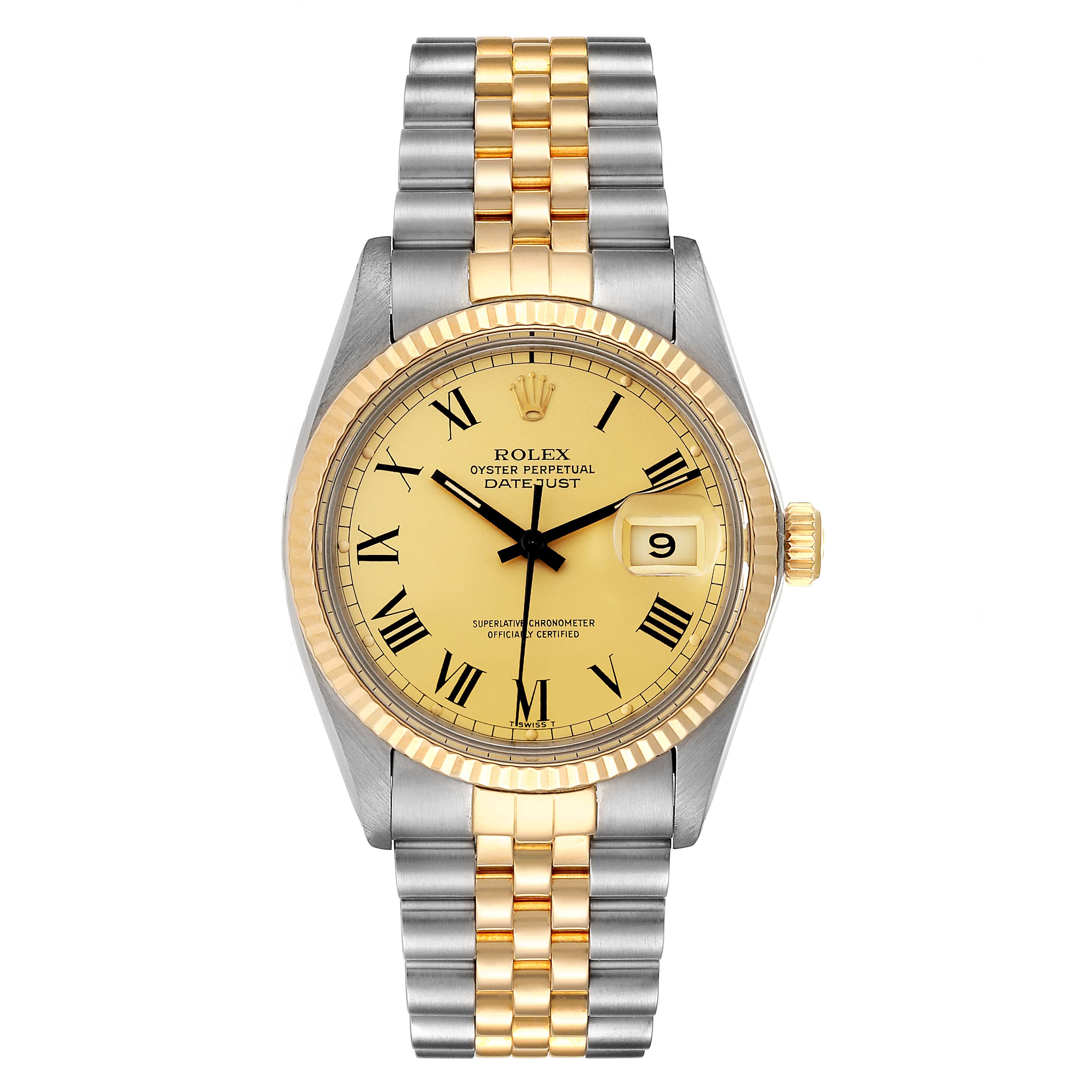 This image shows a Rolex Vintage Collection 16013 Men's Steel and Gold (two tone) Champagne Dial 16013 Men's Steel and Gold (two tone) Champagne Dial model watch from a front angle, highlighting its face, bezel, and bracelet.