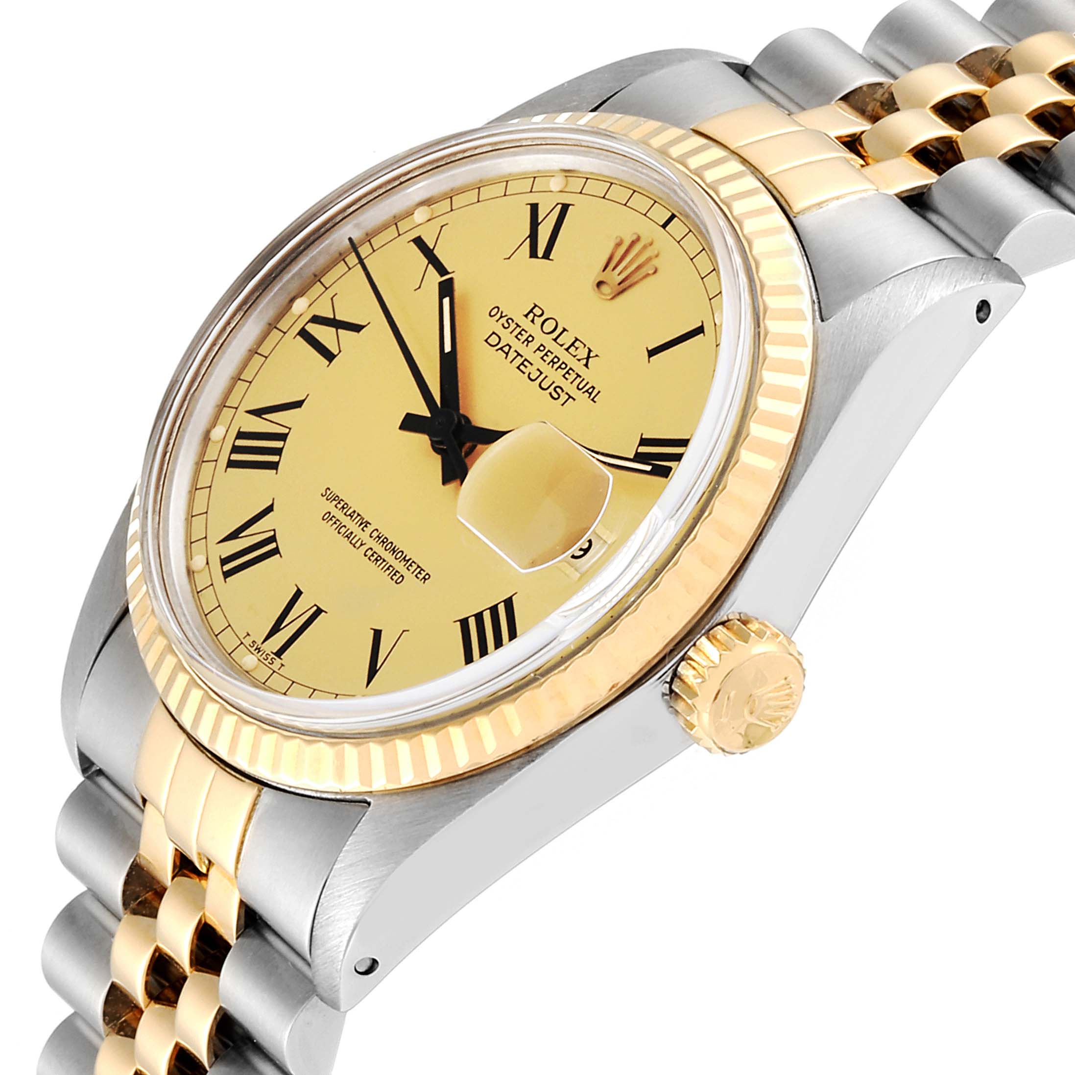 The image shows a Rolex Vintage Collection 16013 Men's Steel and Gold (two tone) Champagne Dial 16013 Men's Steel and Gold (two tone) Champagne Dial Datejust watch at an oblique angle, highlighting its face, bezel, crown, and Jubilee bracelet.
