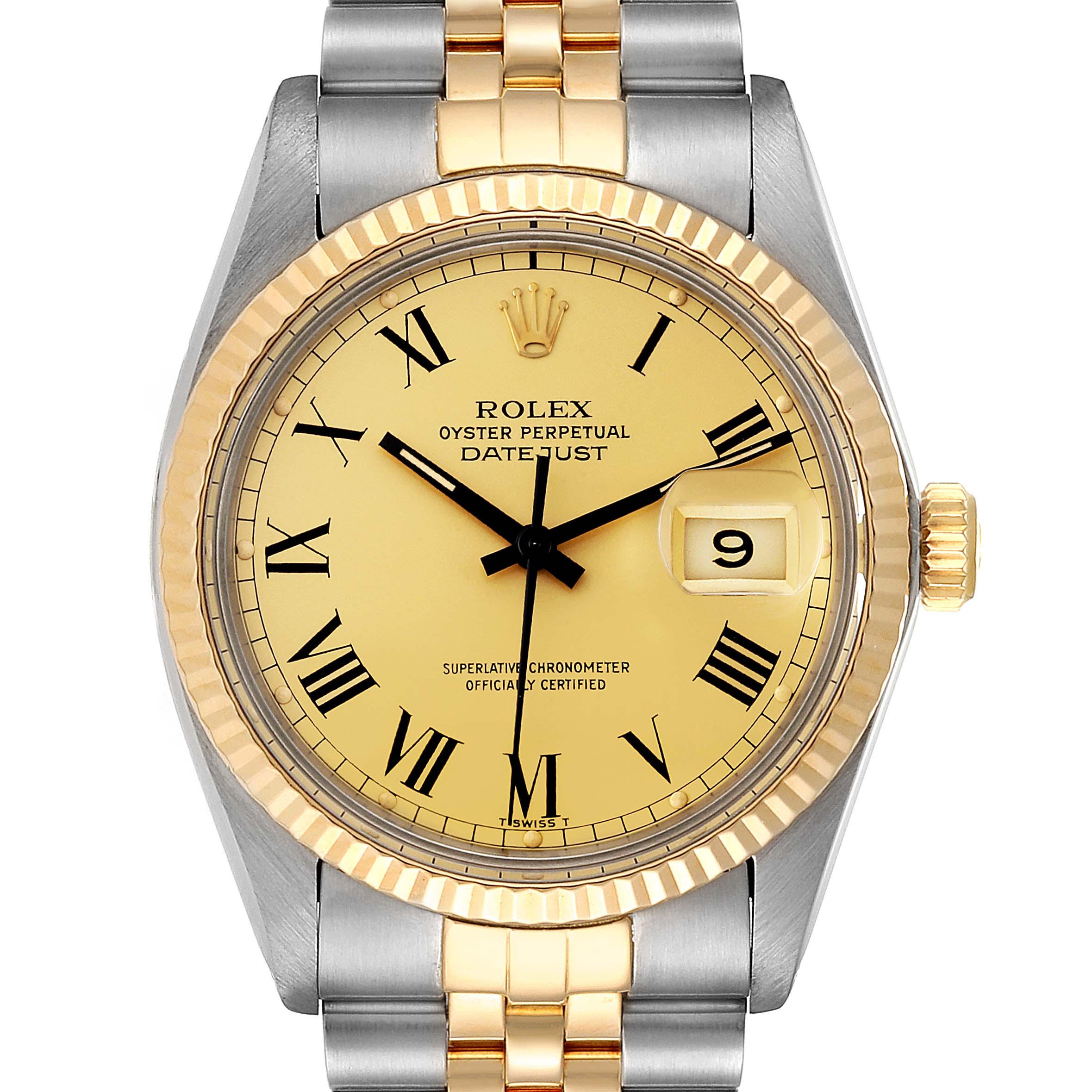 The image shows a front view of a Rolex Vintage Collection 16013 Men's Steel and Gold (two tone) Champagne Dial 16013 Men's Steel and Gold (two tone) Champagne Dial watch, featuring a gold and silver bracelet, Roman numeral dial, and a date window.