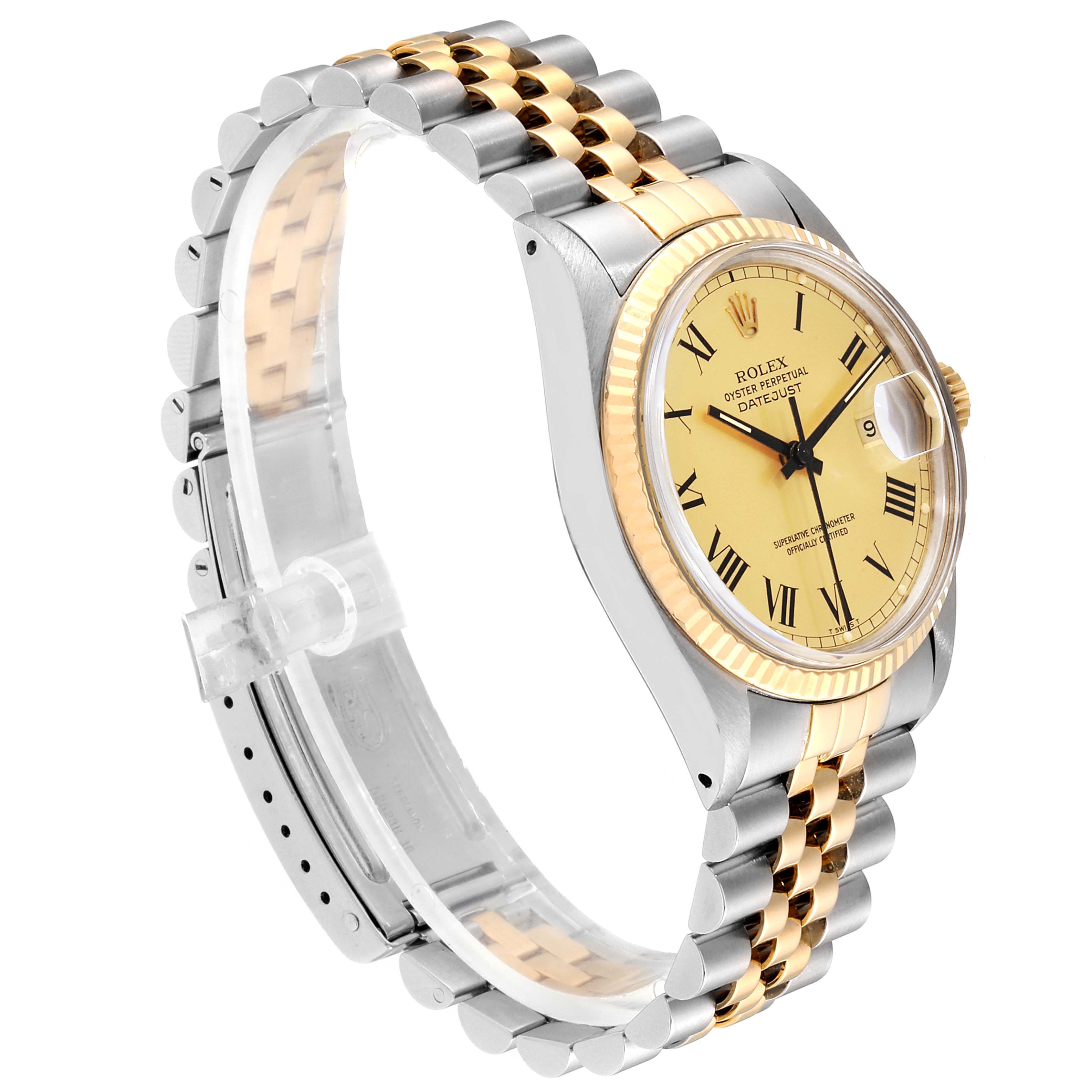 The Rolex Vintage Collection 16013 Men's Steel and Gold (two tone) Champagne Dial 16013 Men's Steel and Gold (two tone) Champagne Dial watch is shown at a slight angle, displaying the face, bezel, and partial two-tone bracelet.