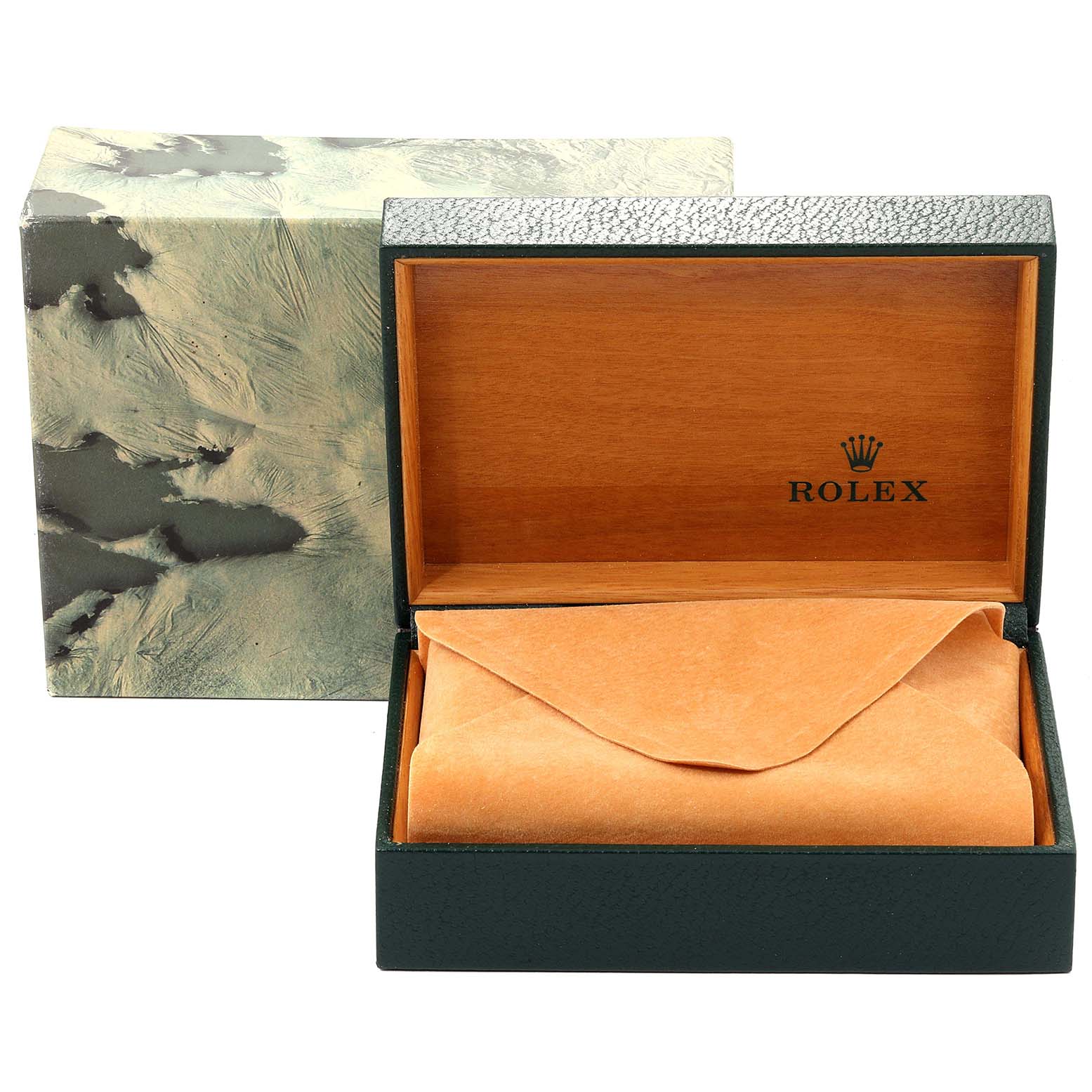 The image shows a Rolex Vintage Collection 16013 Men's Steel and Gold (two tone) Champagne Dial 16013 Men's Steel and Gold (two tone) Champagne Dial watch box with the outer box behind it, both in an open position.