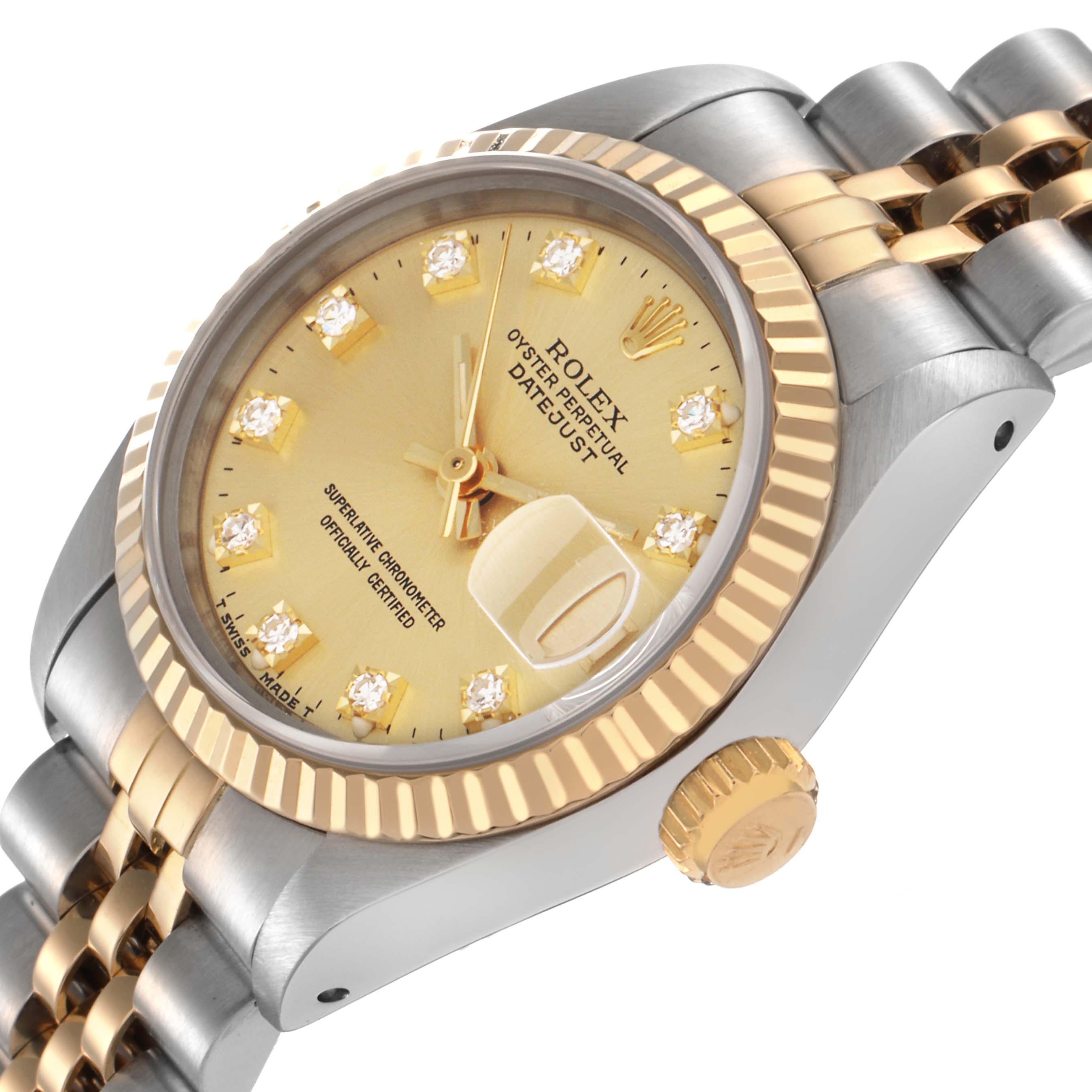 The Rolex Datejust 69173 Women
s Steel and Gold (two tone) Champagne Dial 69173 Women
s Steel and Gold (two tone) Champagne Dial watch is shown at an angle highlighting the dial, bezel, crown, and part of the bracelet.