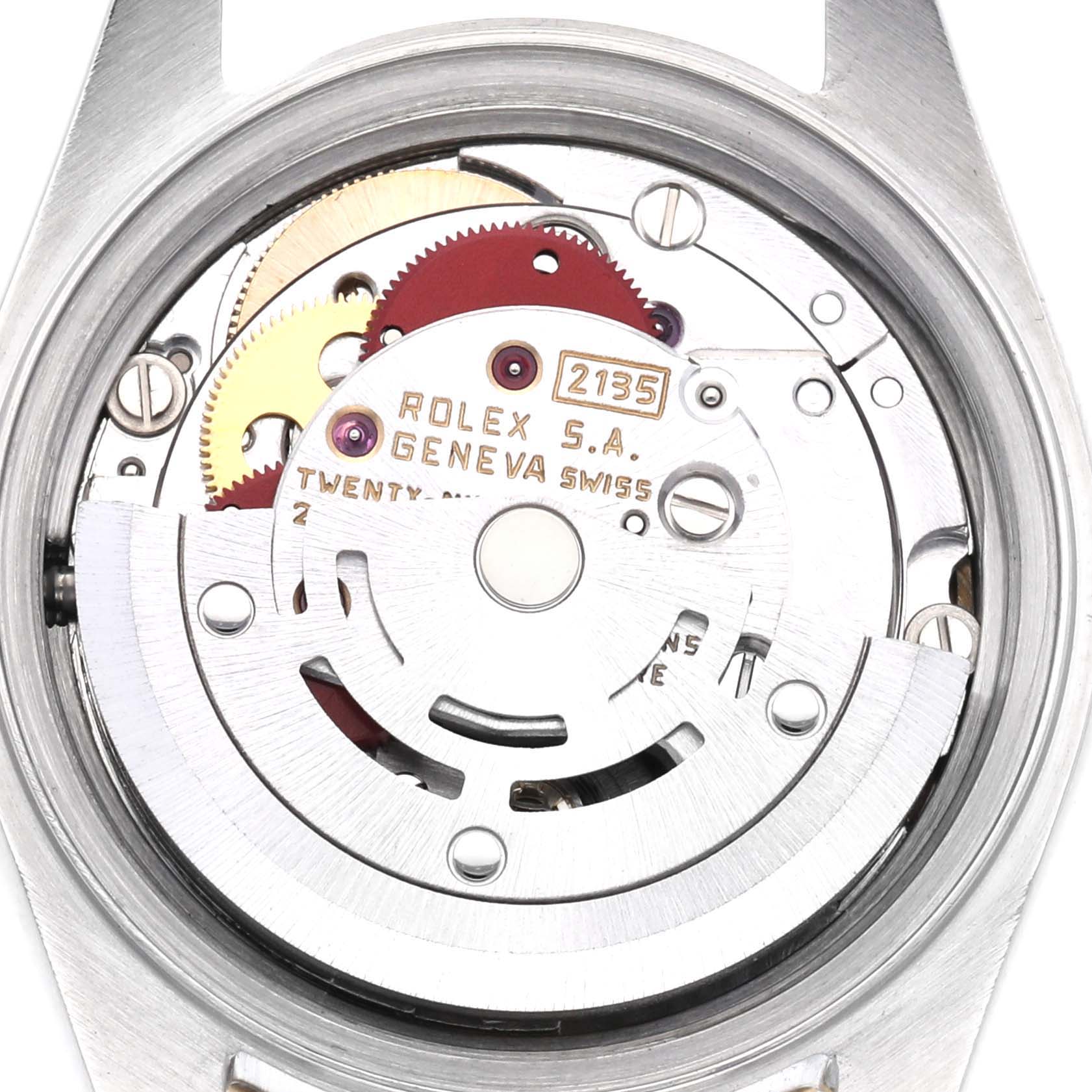 The image shows the back of the Rolex Datejust 69173 Women
s Steel and Gold (two tone) Champagne Dial 69173 Women
s Steel and Gold (two tone) Champagne Dial watch, highlighting its inner movement and gears.