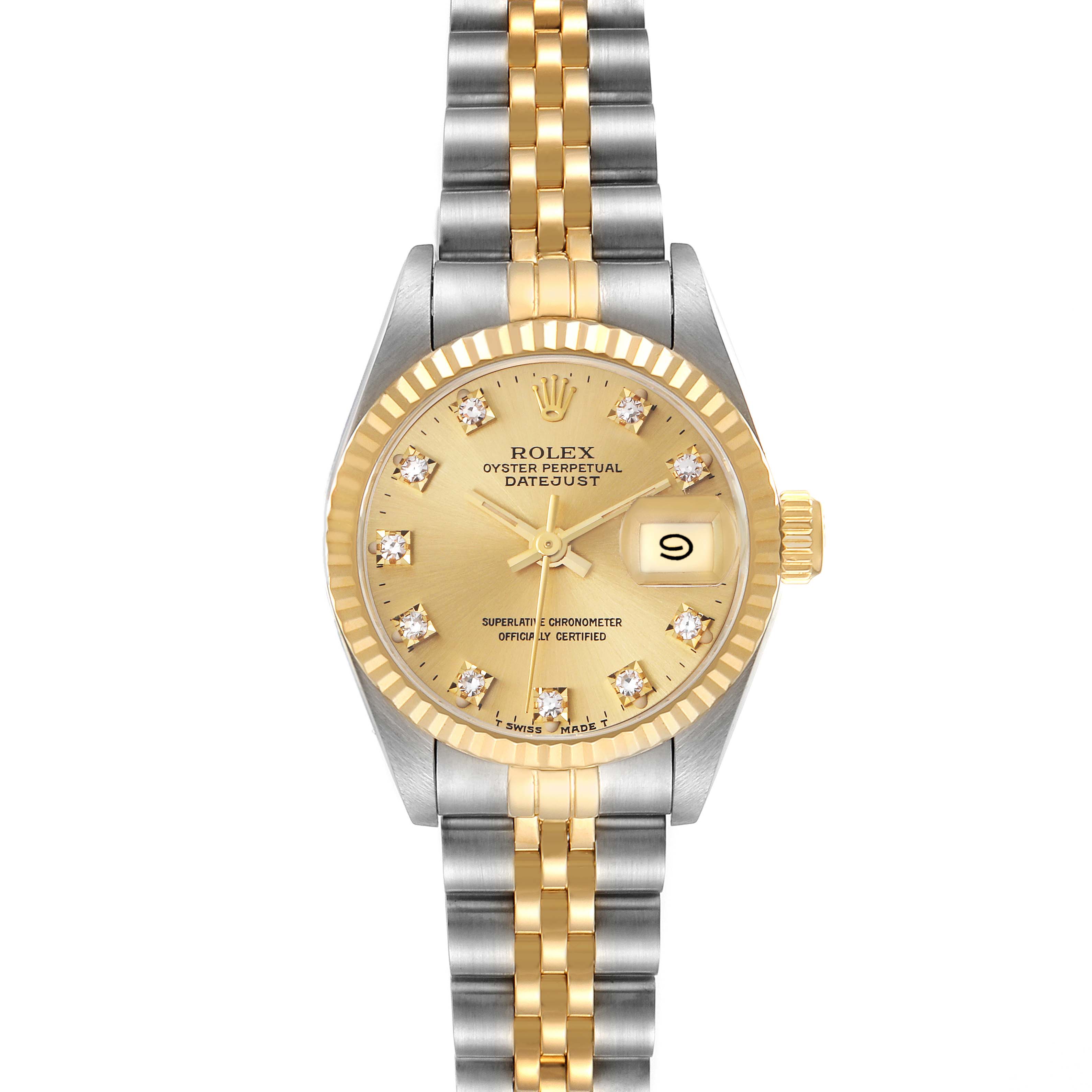 The Rolex Datejust 69173 Women
s Steel and Gold (two tone) Champagne Dial 69173 Women
s Steel and Gold (two tone) Champagne Dial watch is shown from the front, displaying the face, bezel, crown, and bracelet.